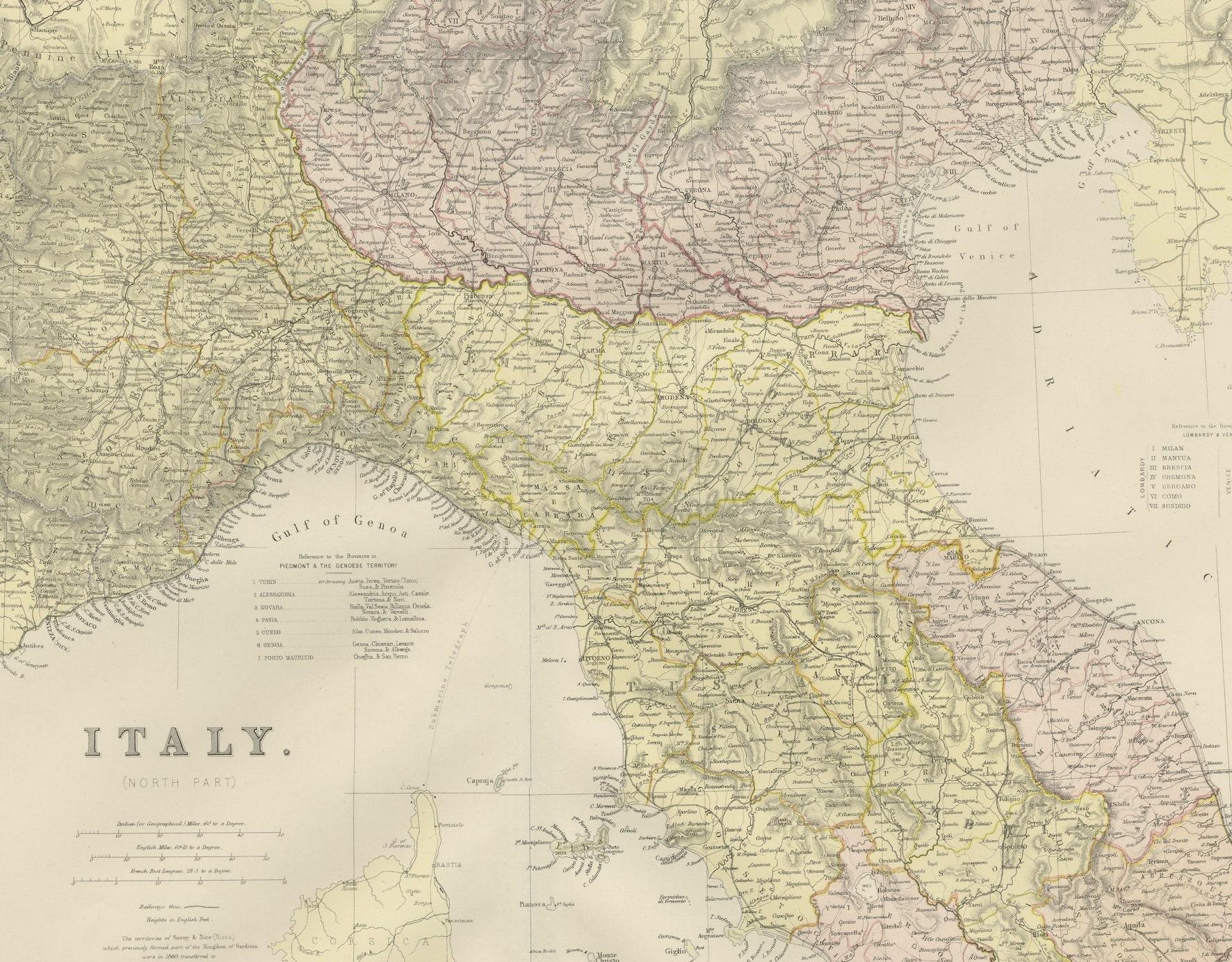 Embark on a historical odyssey with an original Antique Map of Italy from the esteemed 'Comprehensive Atlas and Geography of the World,' meticulously crafted in 1882. This captivating map intricately details the beauty of Italy's regions, capturing