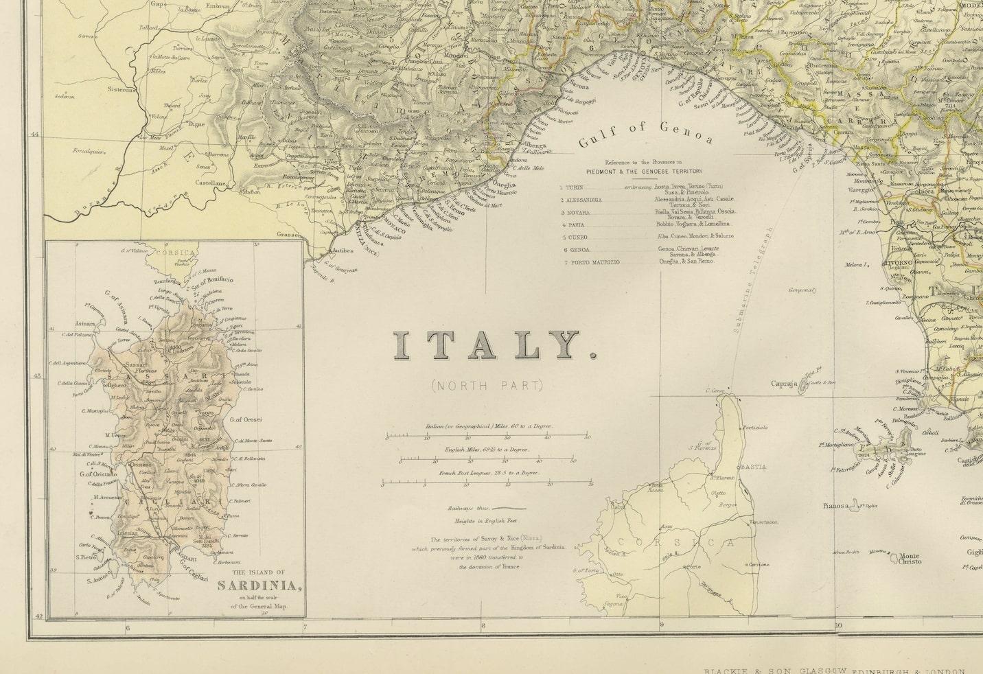 Fin du XIXe siècle Carte ancienne d'Italie avec un insert de Sardaigne, 1882 en vente