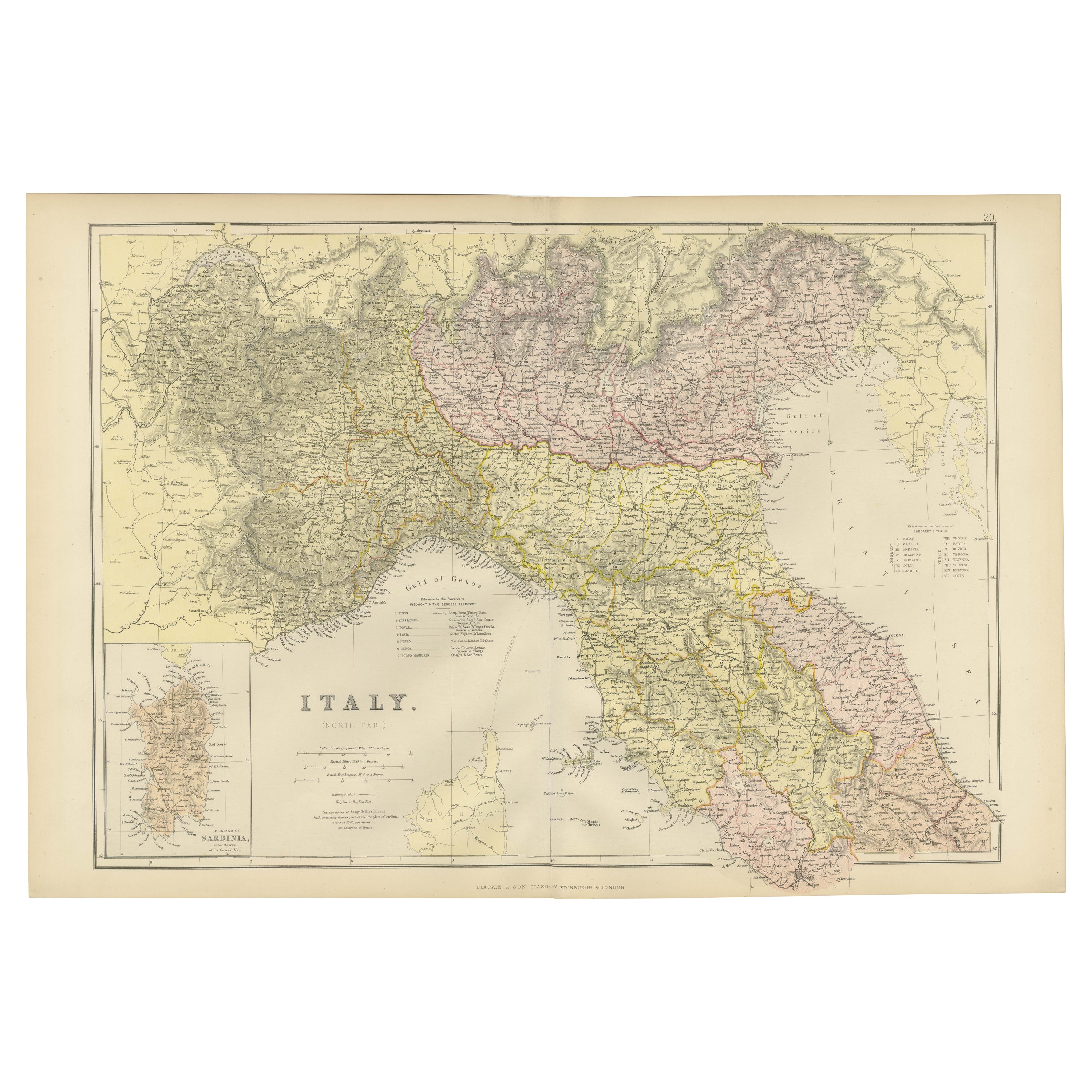 Mapa original antiguo de Italia con un recuadro de Cerdeña, 1882