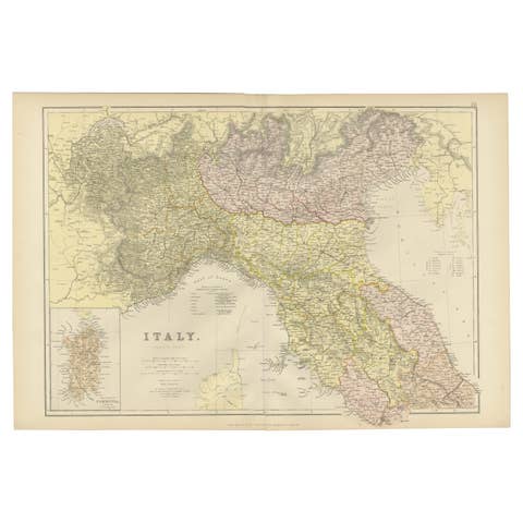 Original Antique Map of Italy with an Inset of Sardinia, 1882