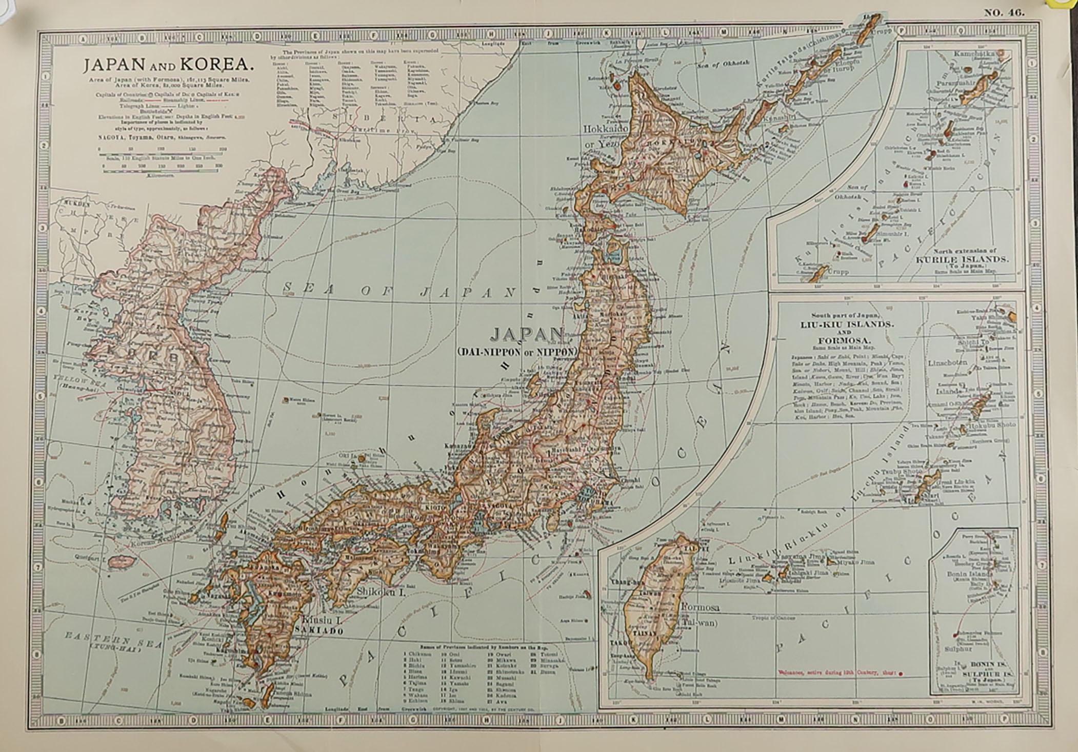 Great map of Japan and Korea

Original color.

Published, circa 1890

A couple of minor edge tears. Minor creasing.

Unframed.
       