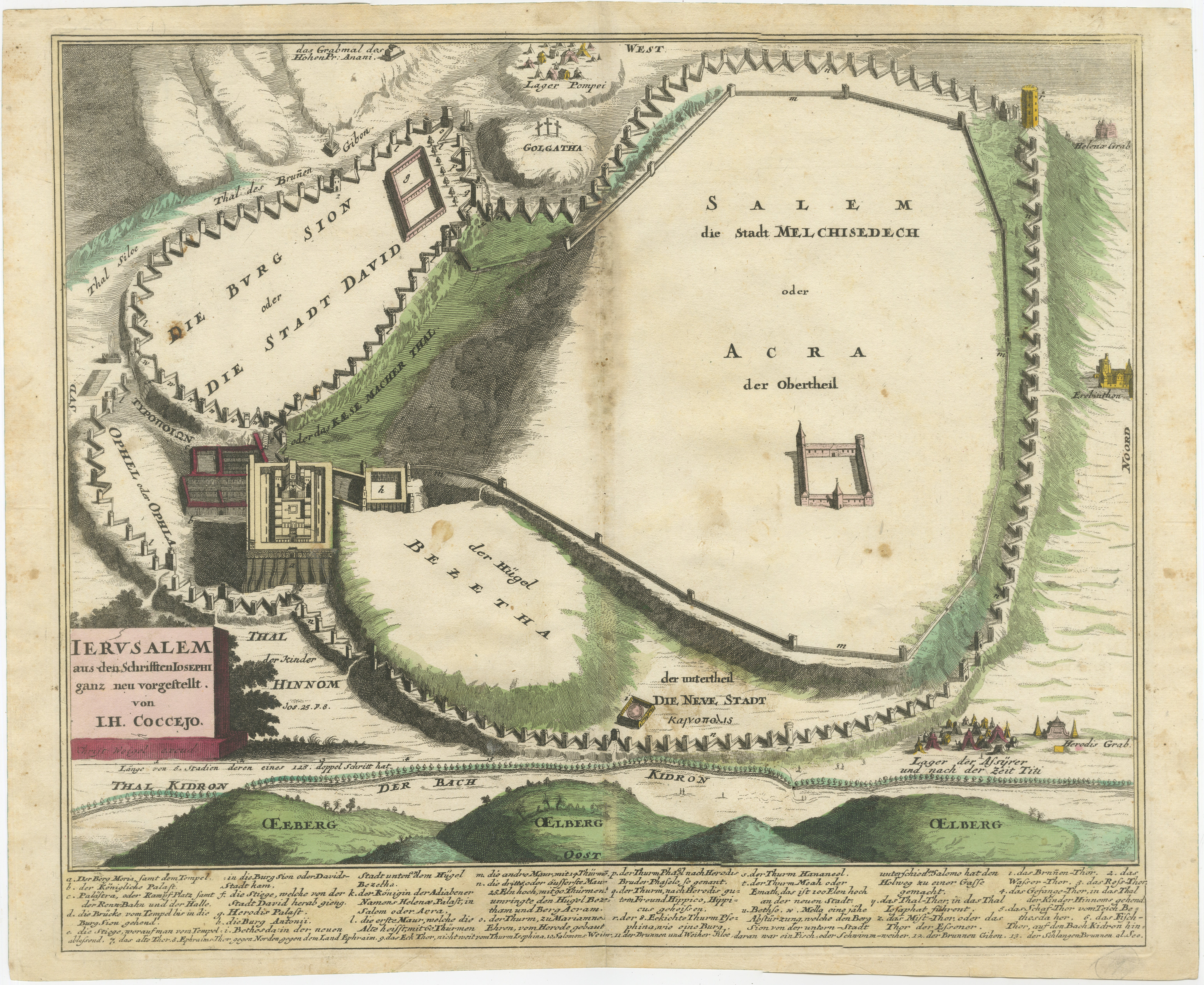 Carte ancienne de Jérusalem basée sur les écrits de Josephus par Weigel, vers 1720