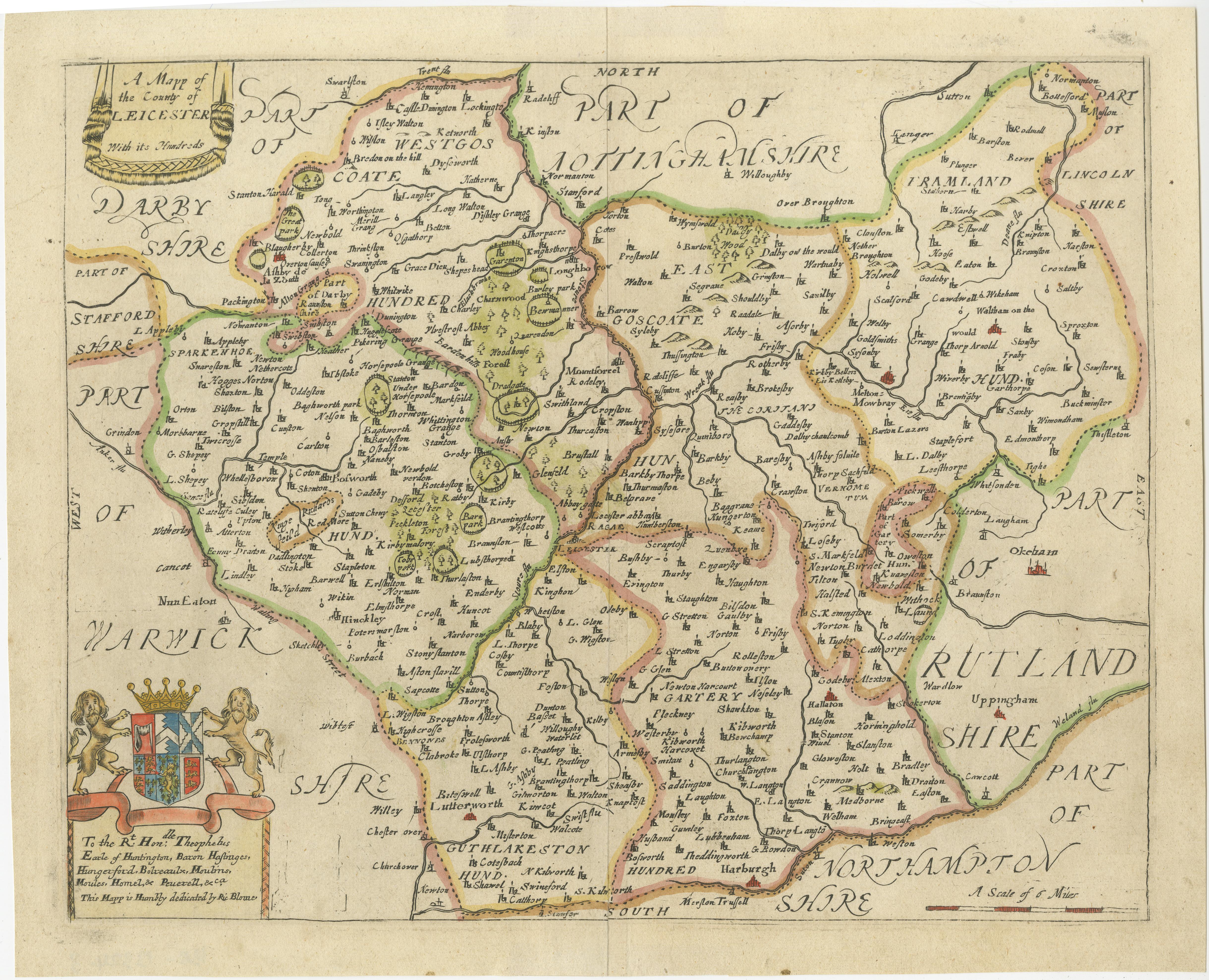 Antique map titled 'A Mapp of the Country of Leicester'. Original old map of Leicestershire, England. This map originates from 'Britannia: or, a Geographical Description of the Kingdoms of England, Scotland, and Ireland with the Isles and