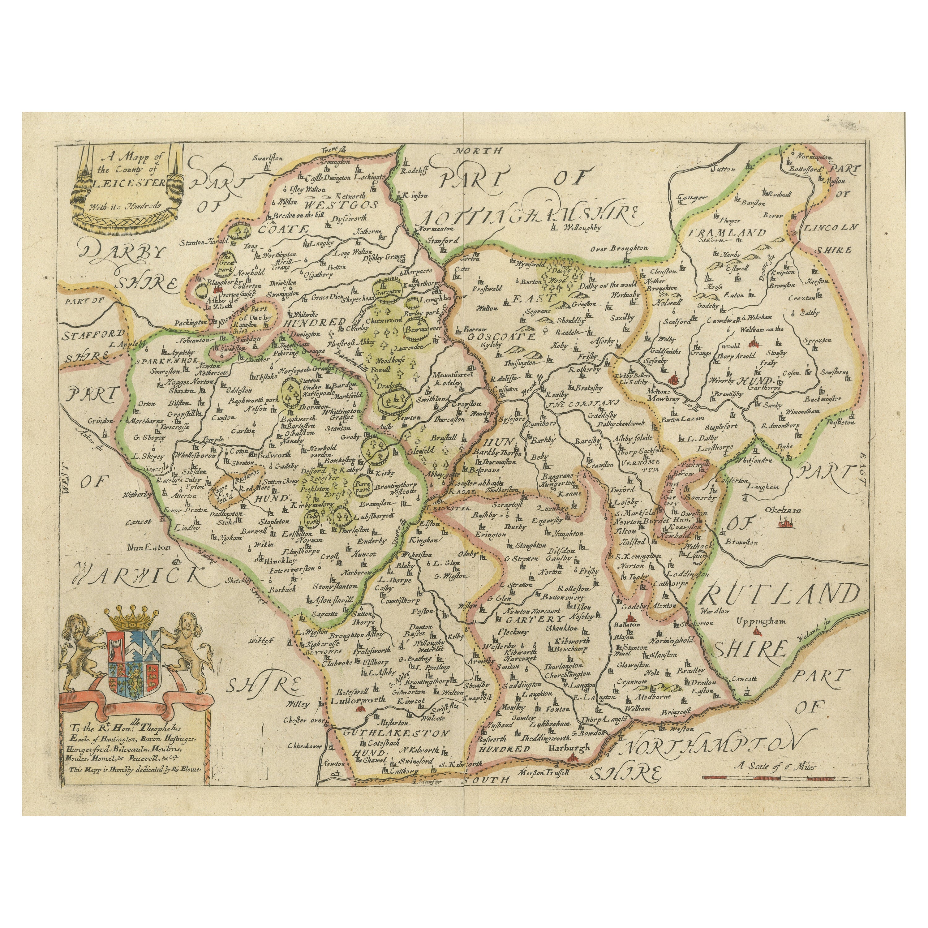 Mappa antica originale del Leicestershire, Inghilterra