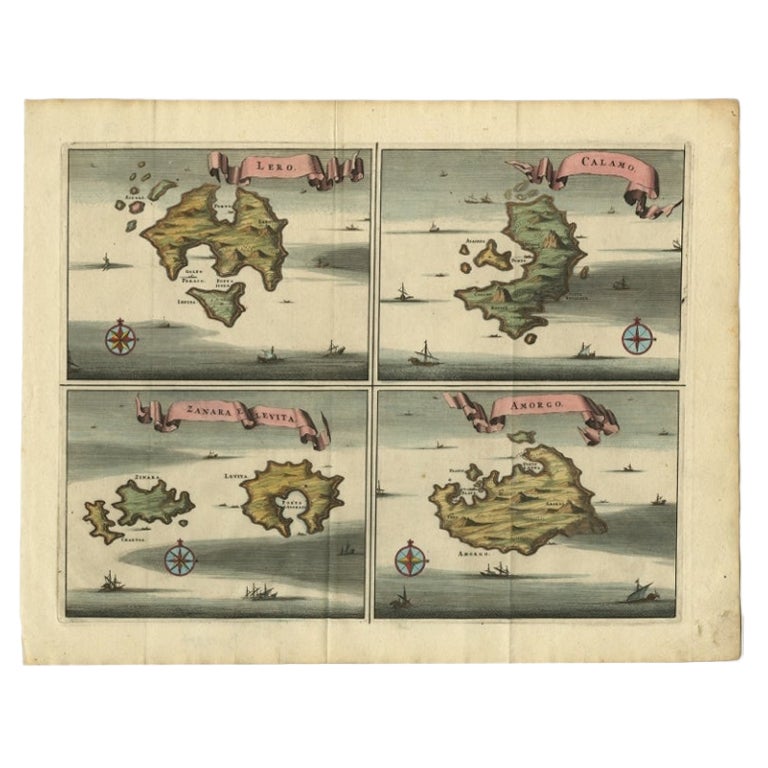 Mapa original antiguo de Leros y Kalimnos, y otras islas, Grecia, 1687