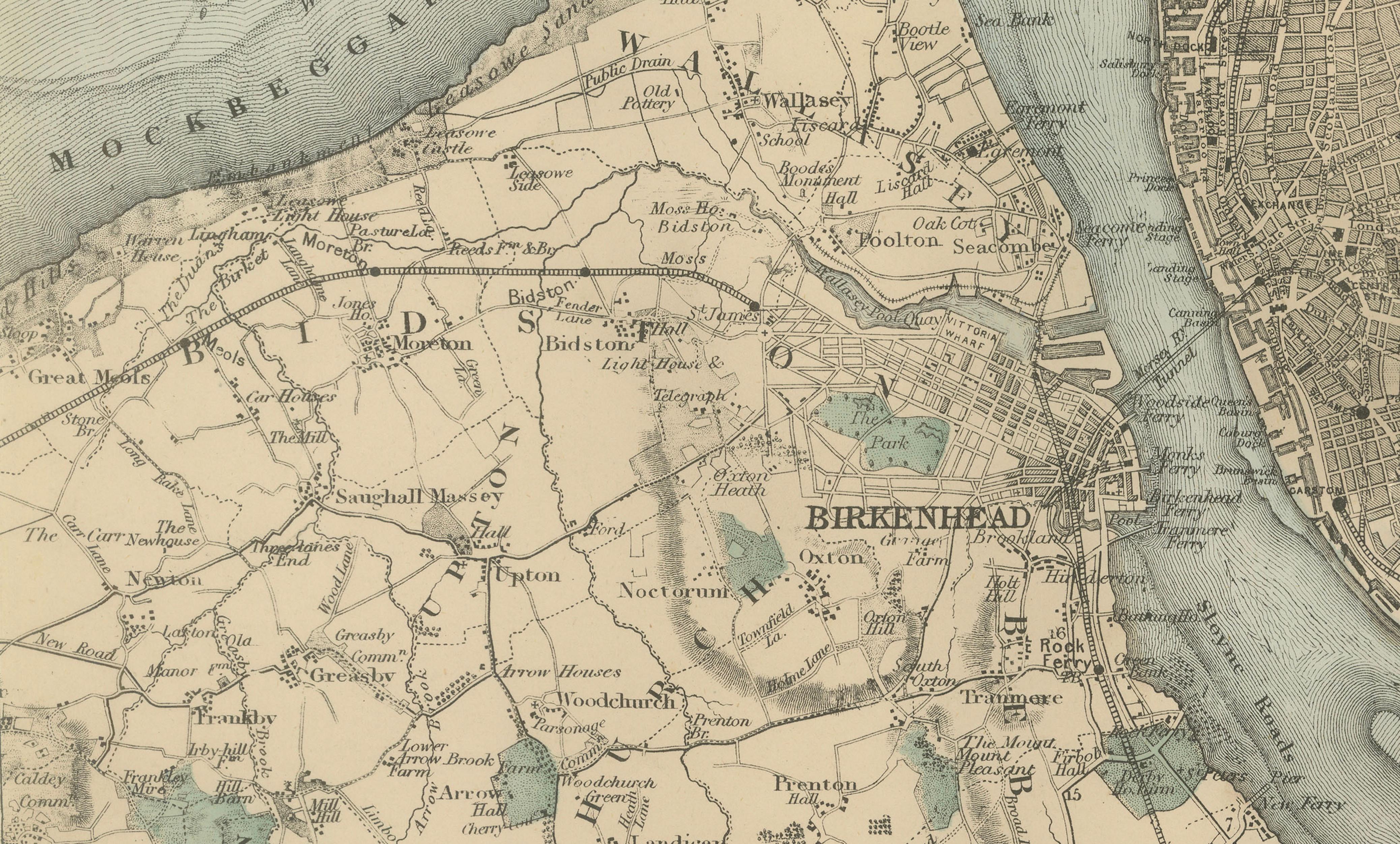 Original Antique Map of Liverpool and Environs, Victorian Mersey Atlas Map, 1885