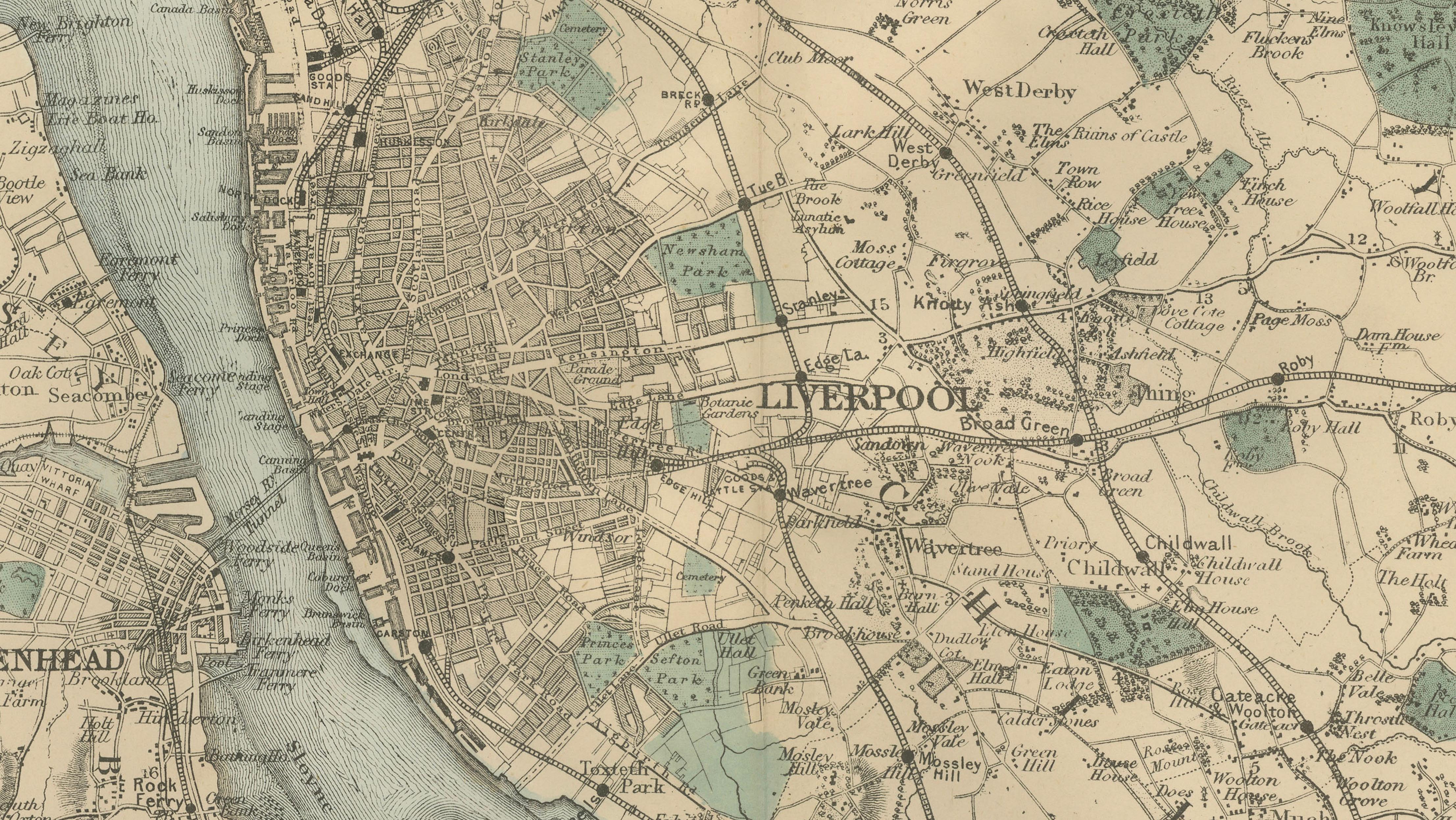 Original Antique Map of Liverpool and Environs, Victorian Mersey Atlas Map, 1885