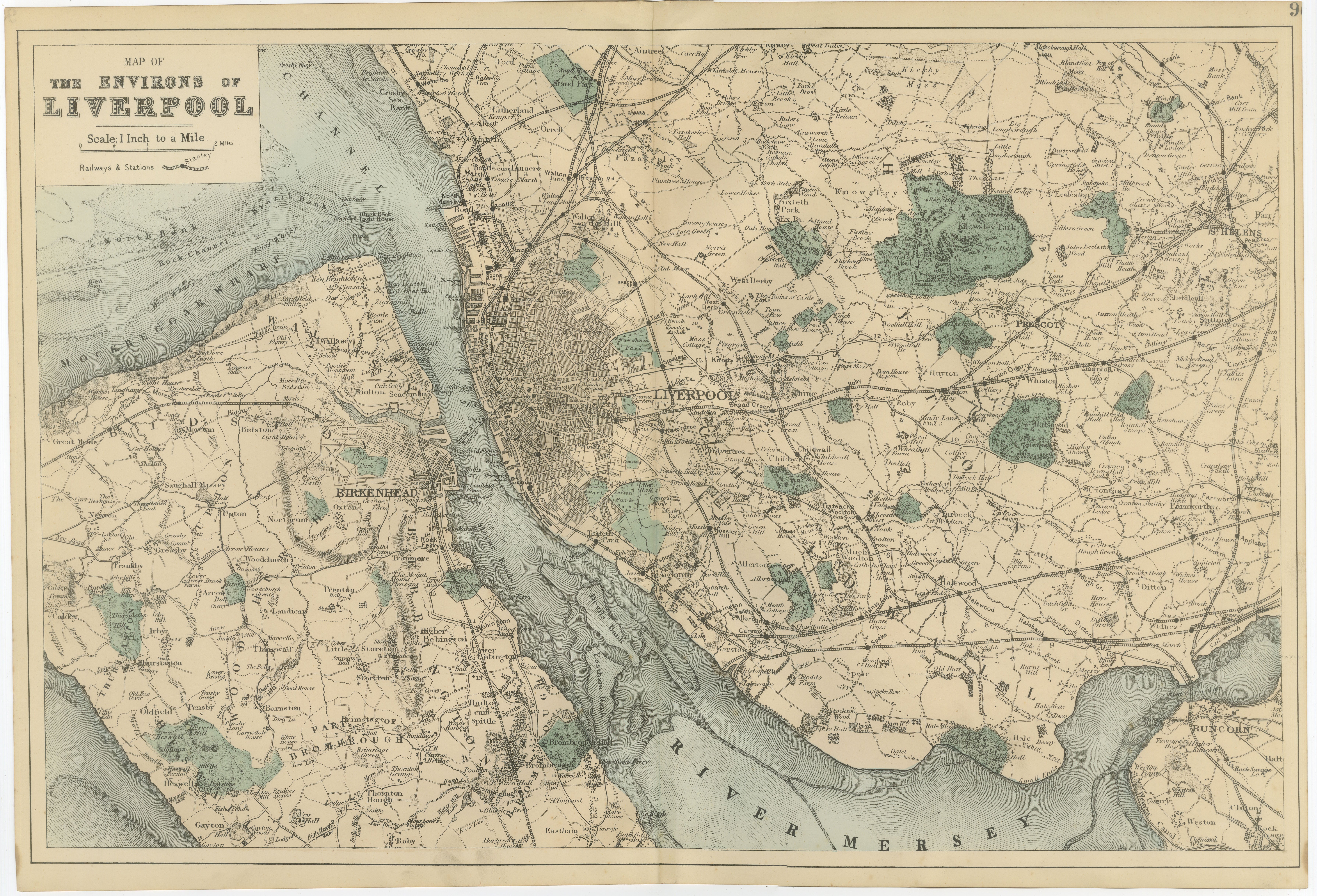 Original Antique Map of Liverpool and Environs, Victorian Mersey Atlas Map, 1885