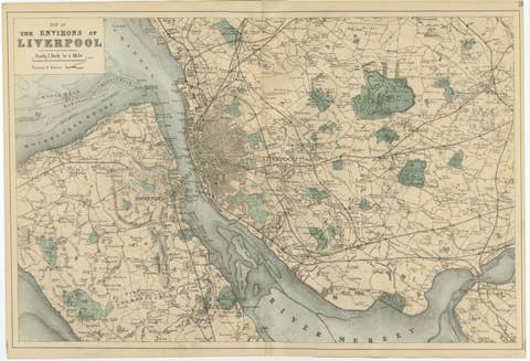 Original Antique Map of Liverpool and Environs, Victorian Mersey Atlas Map, 1885