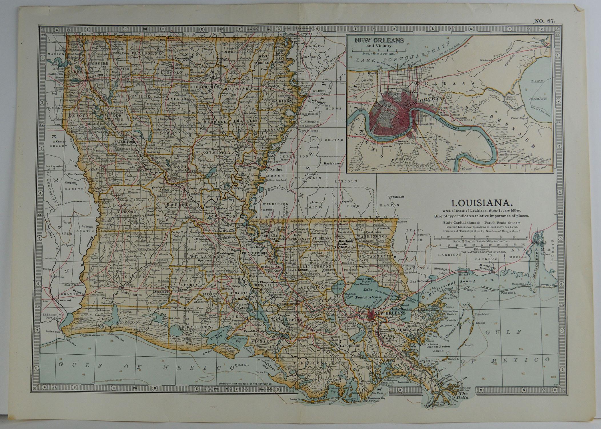 Great map of Louisiana

Original color.

Published, circa 1890

Unframed.

Minor edge tears.
 