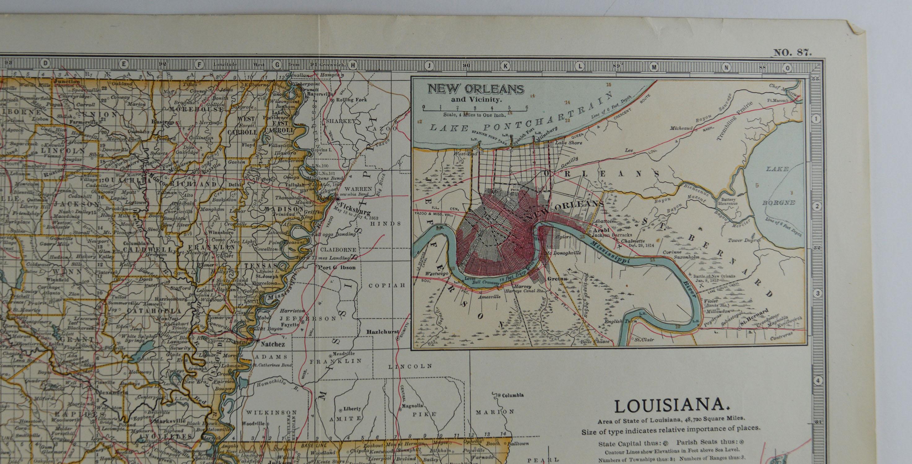 Other Original Antique Map of Louisiana, circa 1890