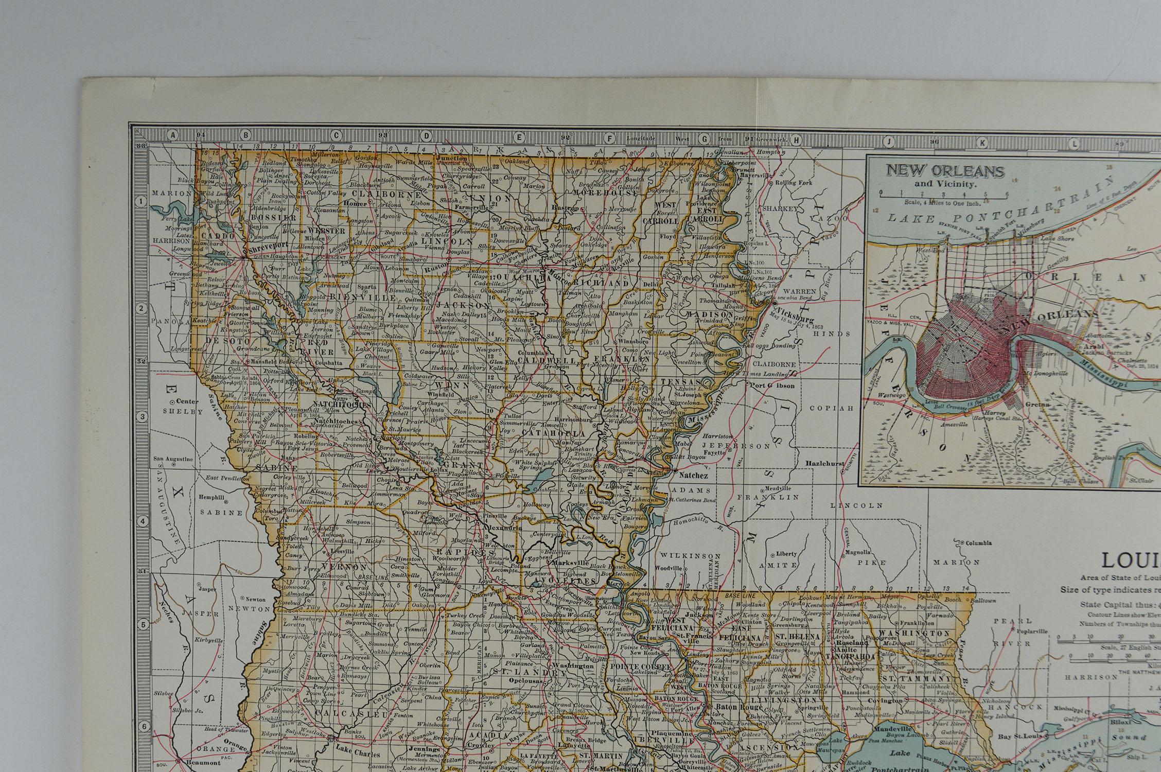 English Original Antique Map of Louisiana, circa 1890