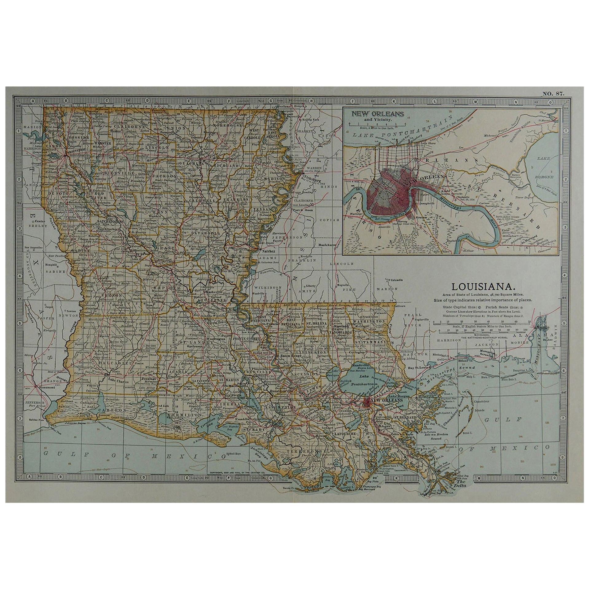 Original Antique Map of Louisiana, circa 1890