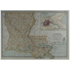 Original Antique Map of Louisiana, circa 1890