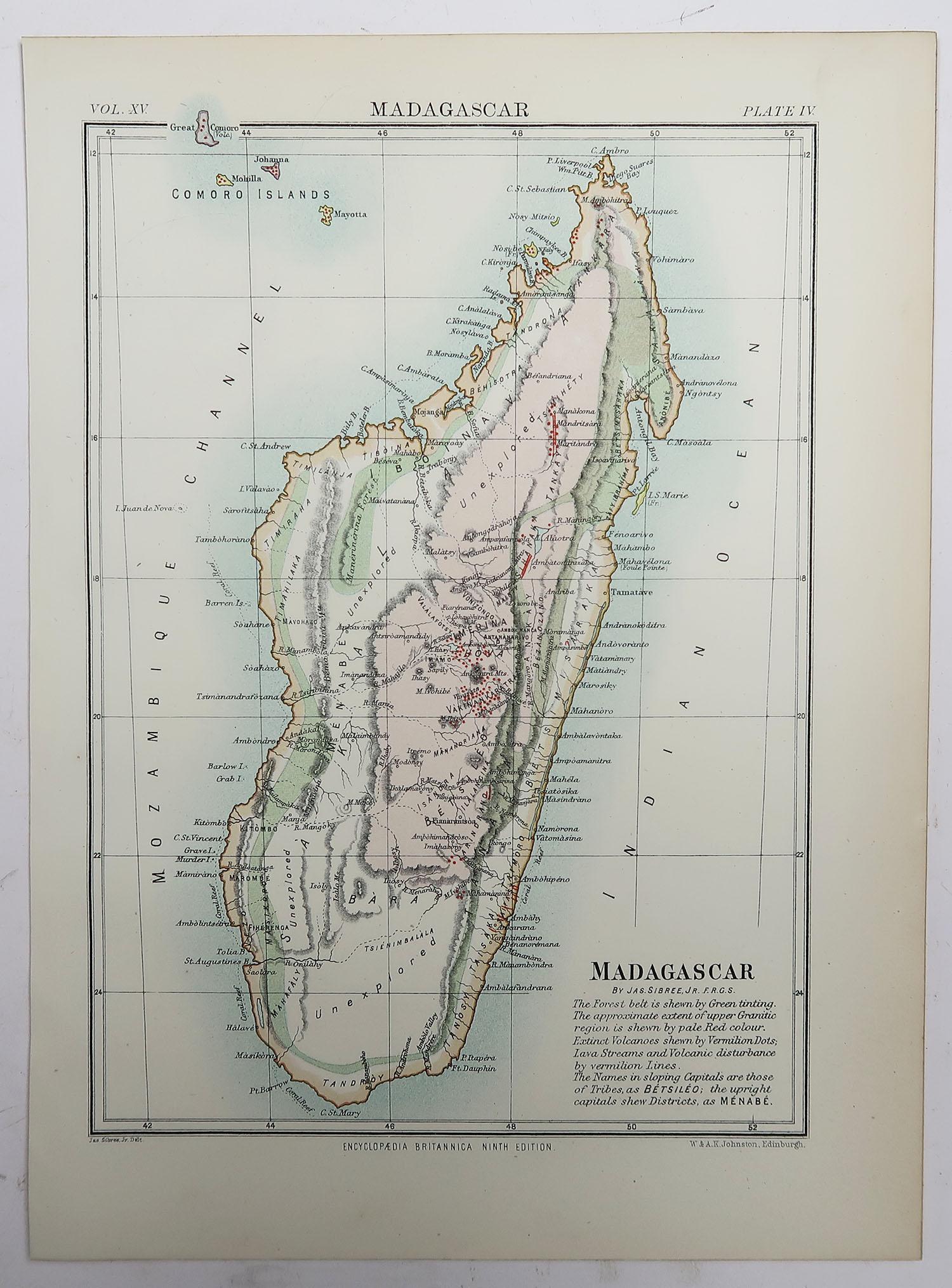 Victorian Original Antique Map of Madagascar, East Africa, 1889