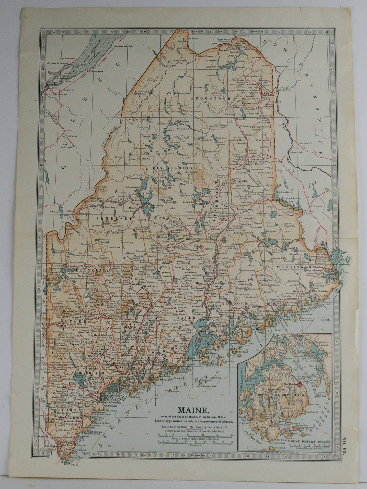 Great map of Maine

Original color.

Published: circa 1890

Repairs to few minor edge tears

Unframed.
 