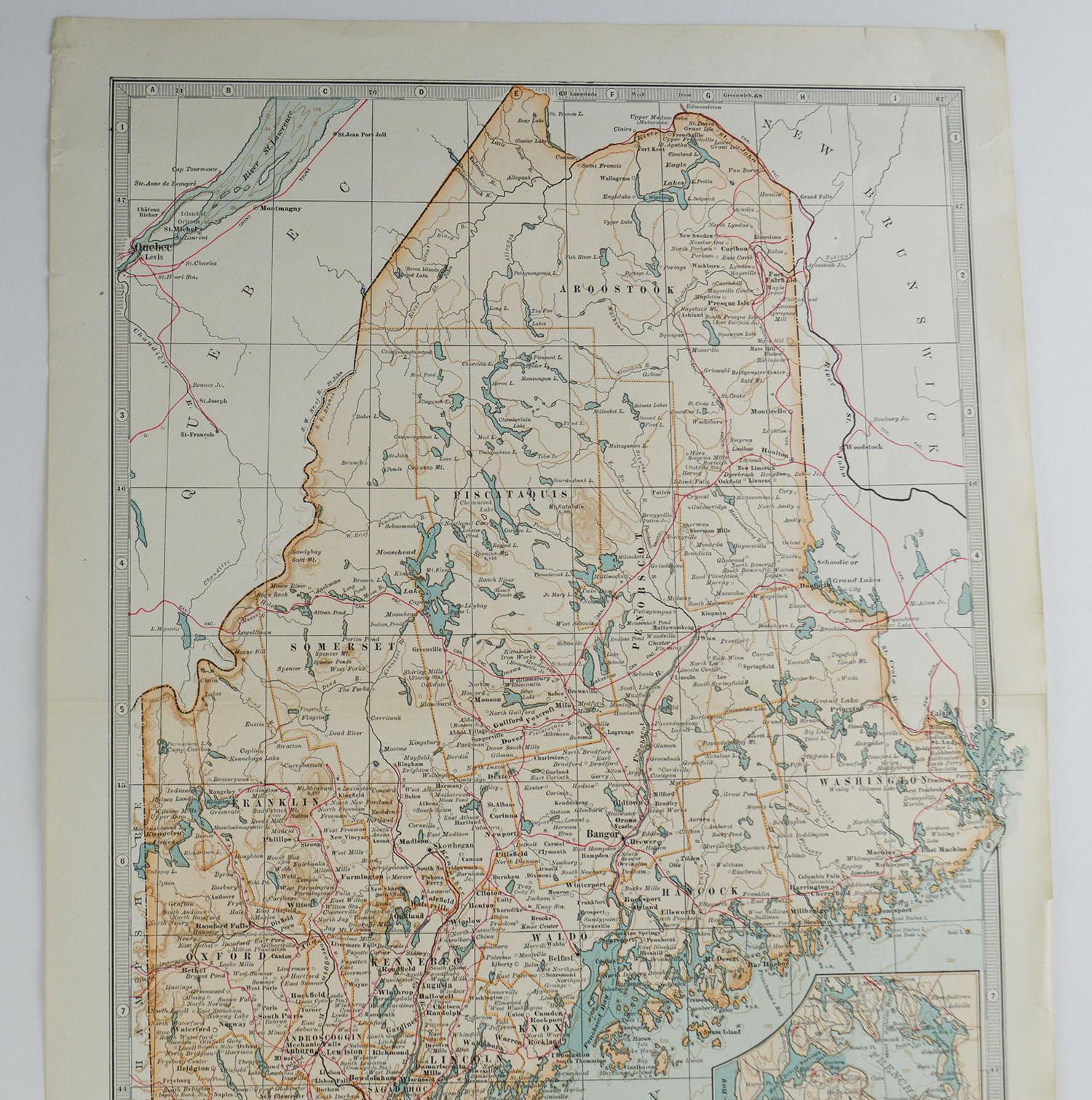 English Original Antique Map of Maine, circa 1890