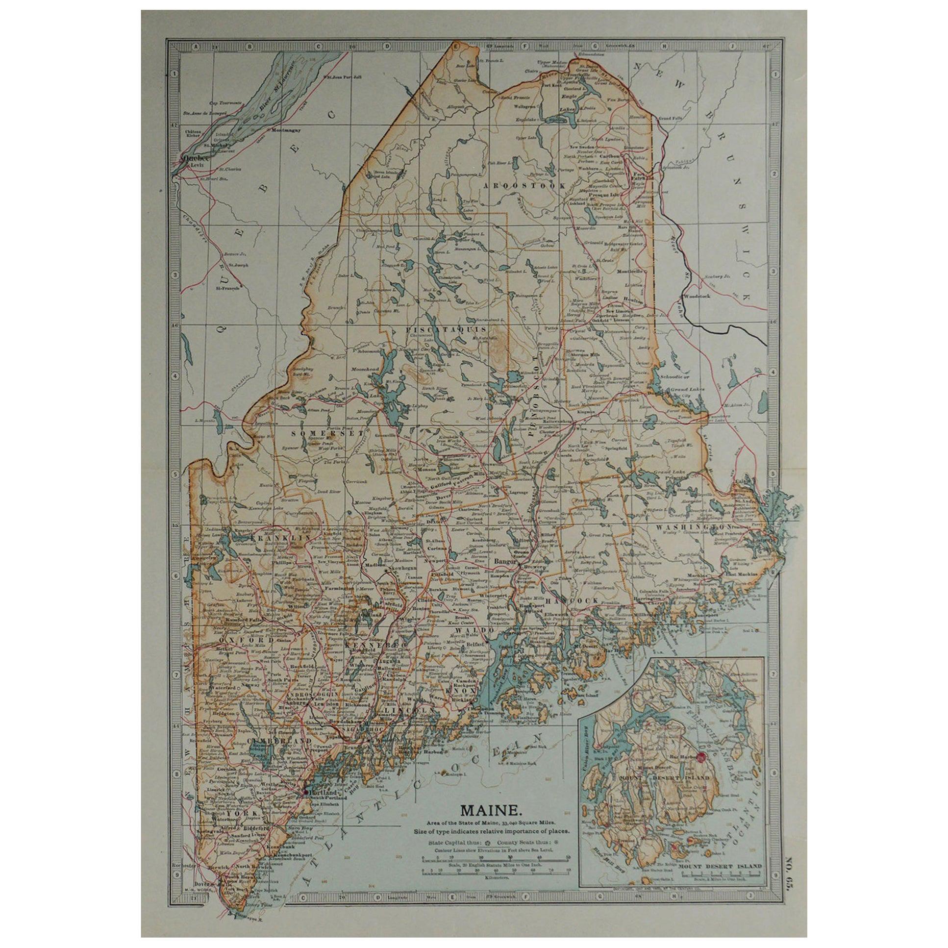Original Antique Map of Maine, circa 1890