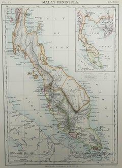 Original Antique Map of Malay Peninsula / Singapore, 1889