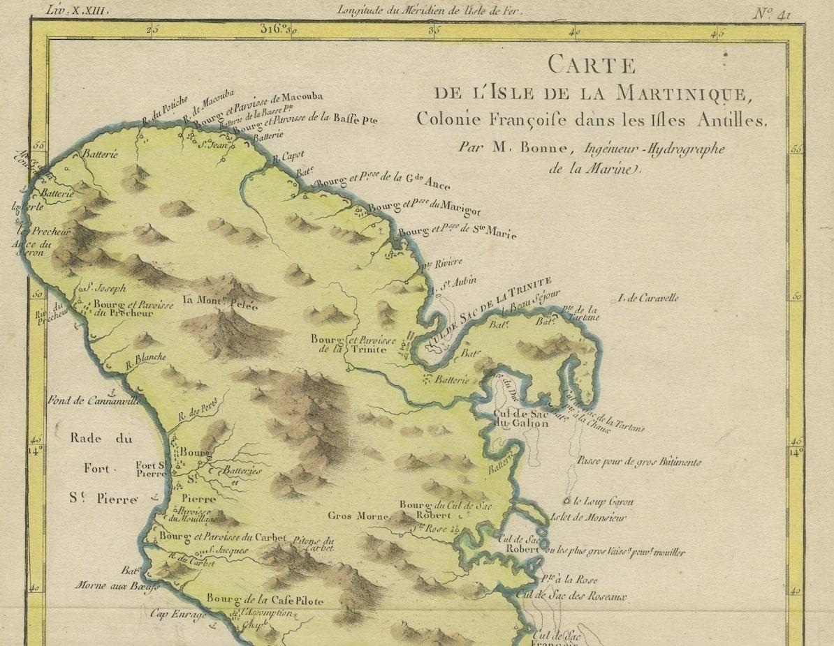 Antique map titled 'Carte de l'Isle de la Martinique Colonie Francoise dans les Isles Antilles'. Detailed map of the French Island of Martinique. 

Many towns and harbours, anchor places, lakes, rivers and mountains are shown. Source unknown, to be