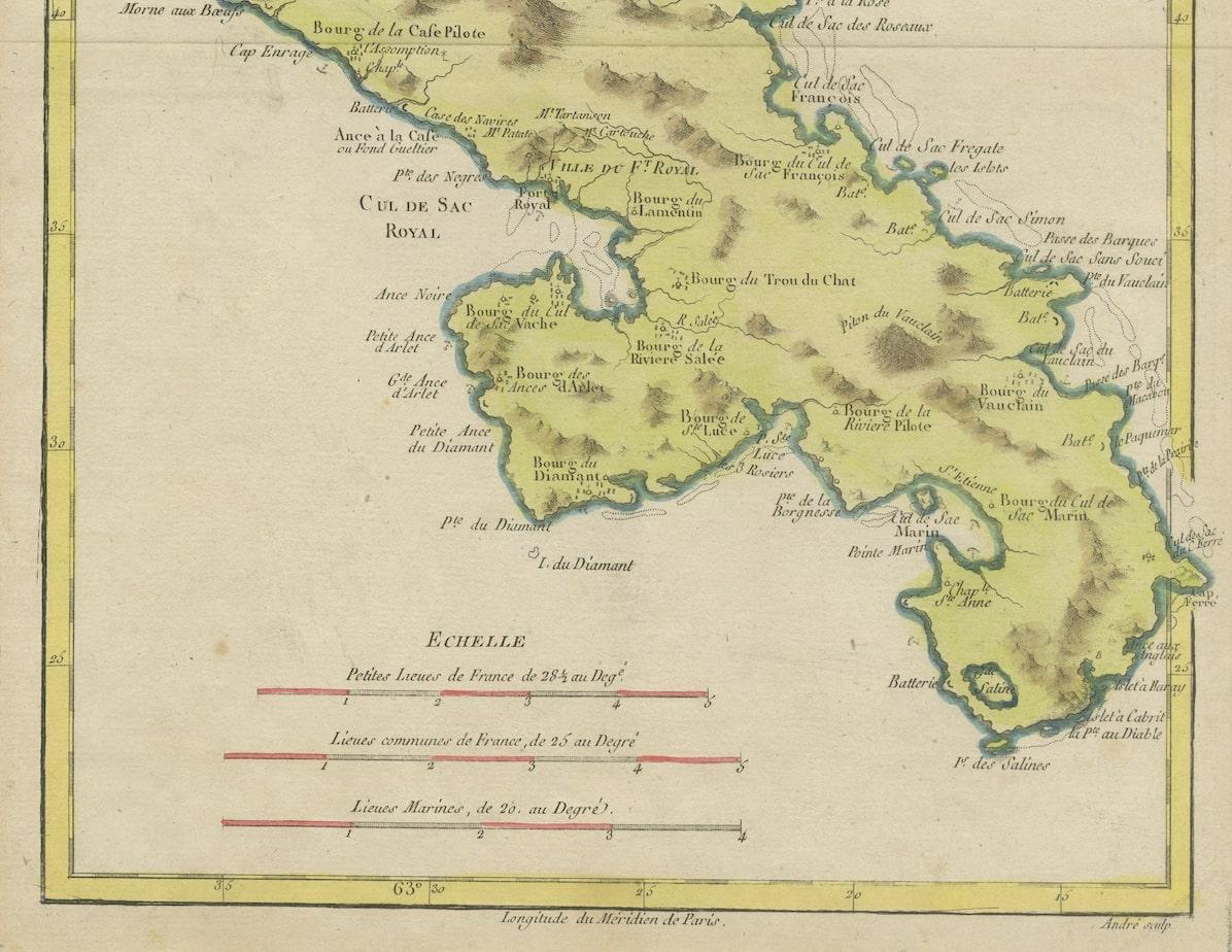 Gravé Carte ancienne de l'île de Martinique dans les Antilles par Bonne, vers 1780 en vente