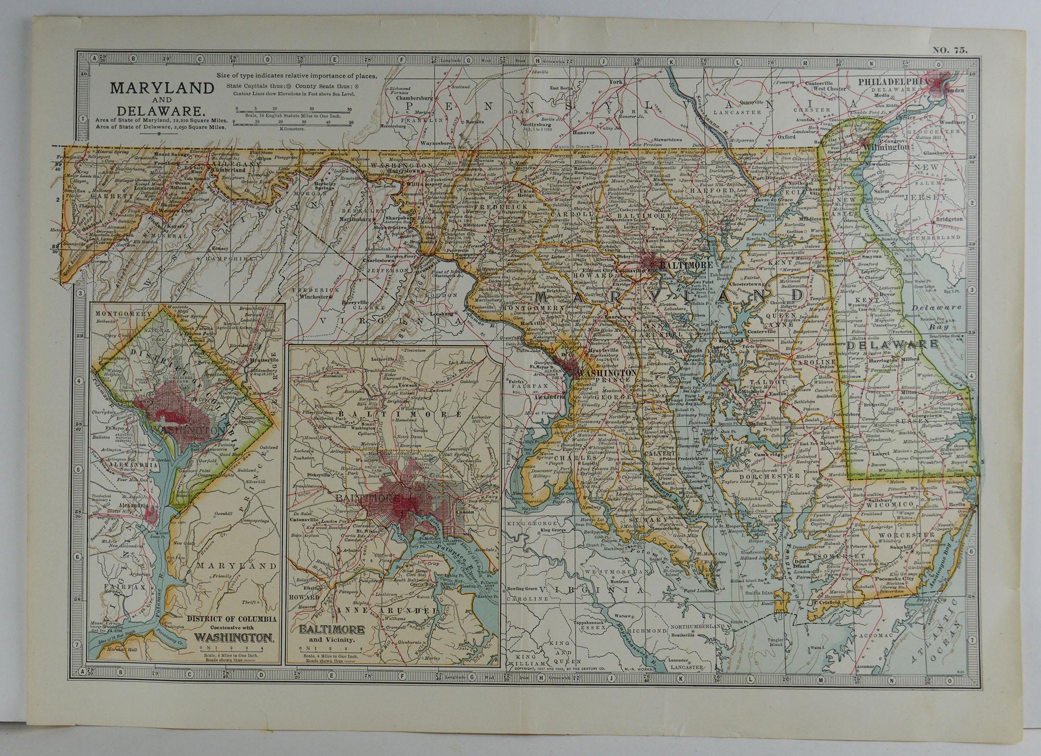 Great map of Maryland & Delaware

Original color.

Published, circa 1890

A couple of minor edge tears

Unframed.
   