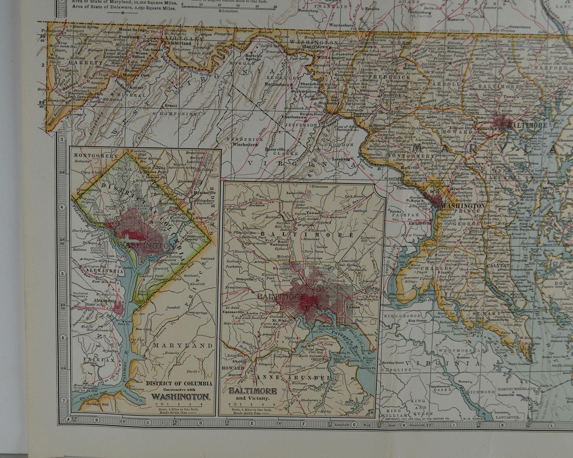English Original Antique Map of Maryland & Delaware, circa 1890