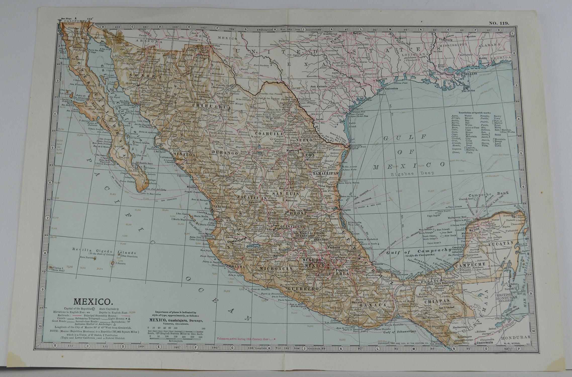Great map of Mexico

Original color.

Published circa 1890

Repair to minor edge tear

Unframed.
 