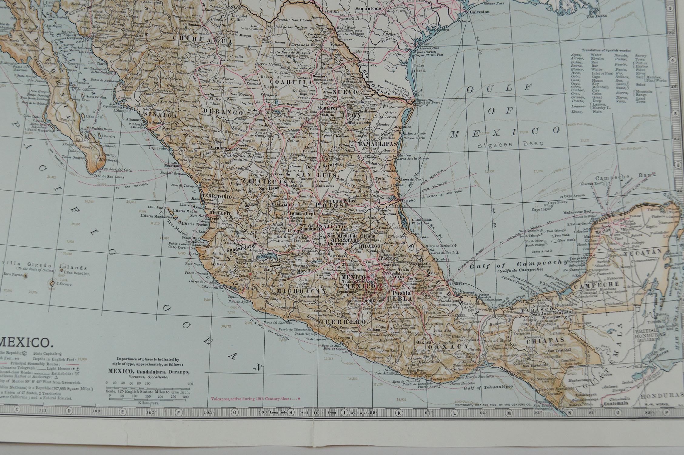 English Original Antique Map of Mexico, circa 1890