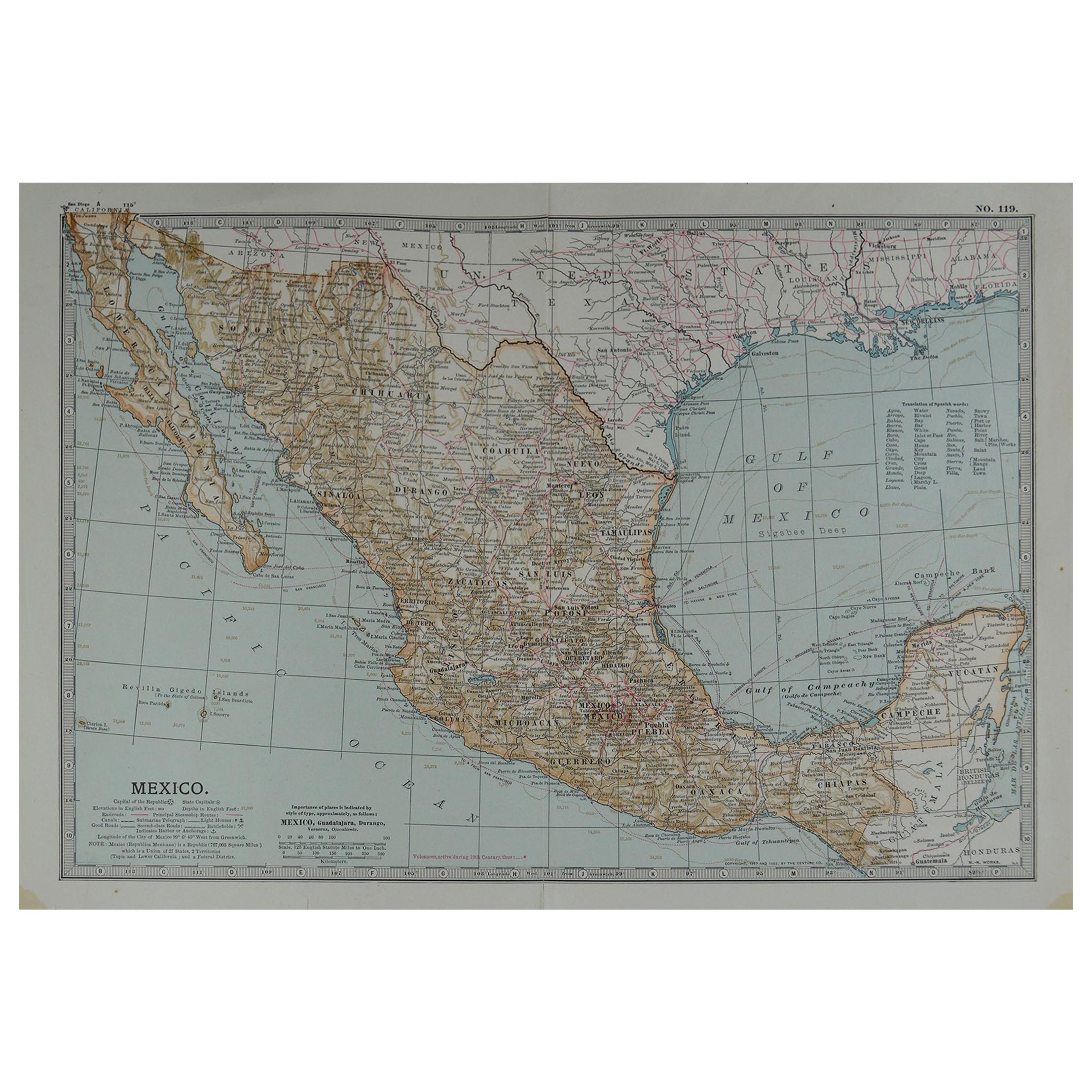 Original Antique Map of Mexico, circa 1890