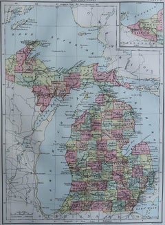 Original Antique Map of Michigan, 1889