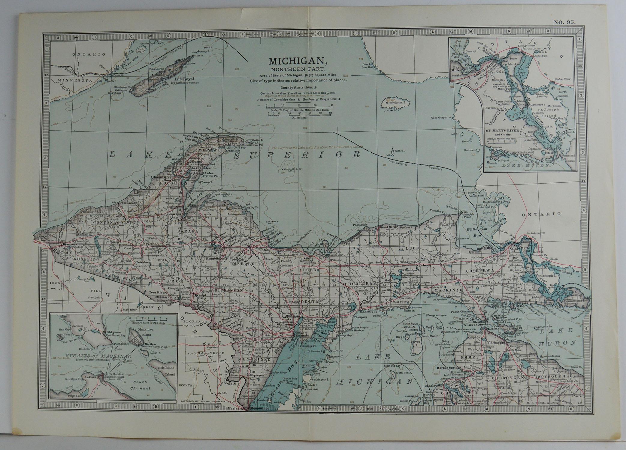 Great map of the Northern Part of Michigan

Original color.

Published circa 1890

Unframed.

Minor edge tears
 