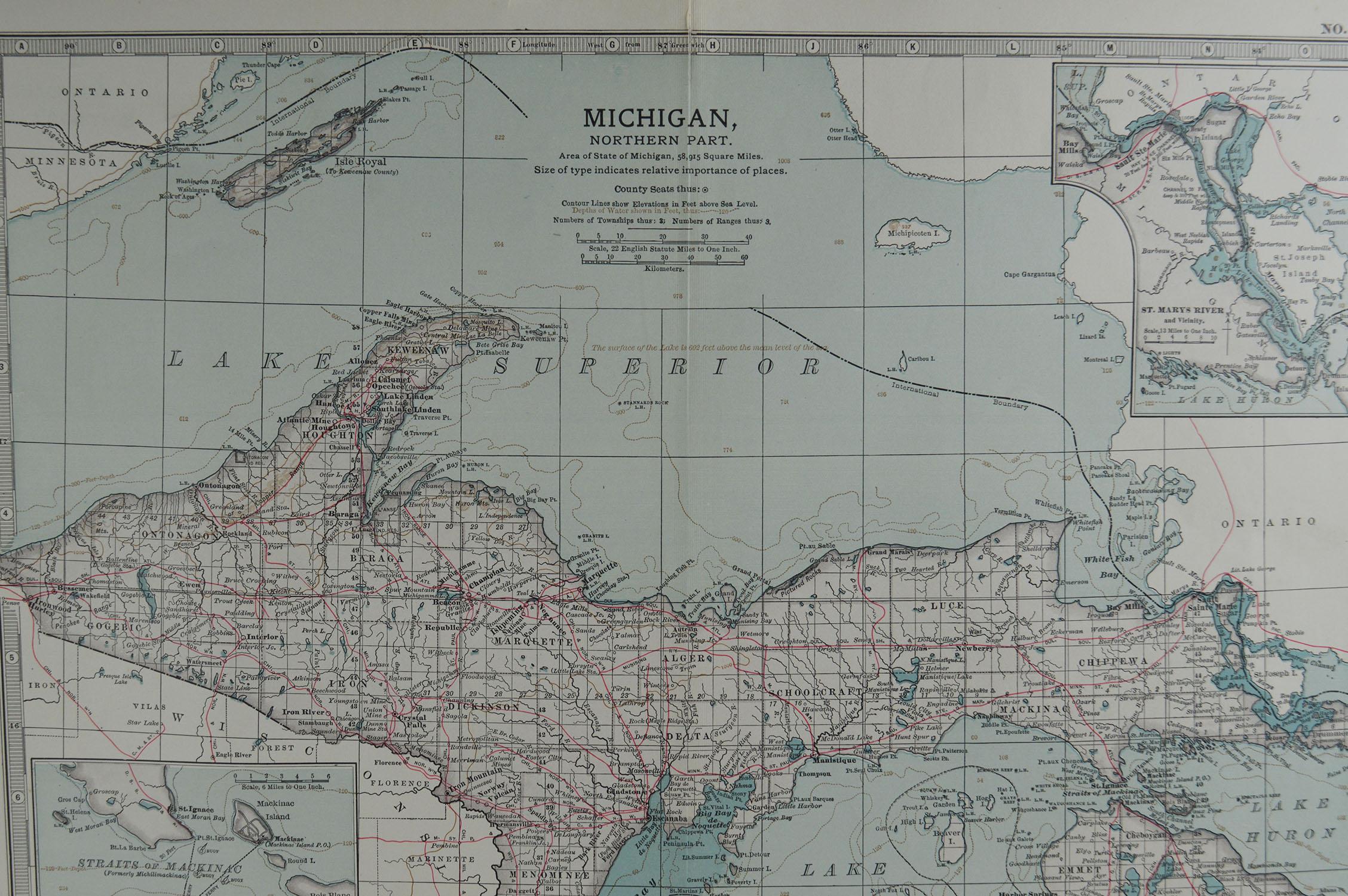 English Original Antique Map of Michigan, circa 1890