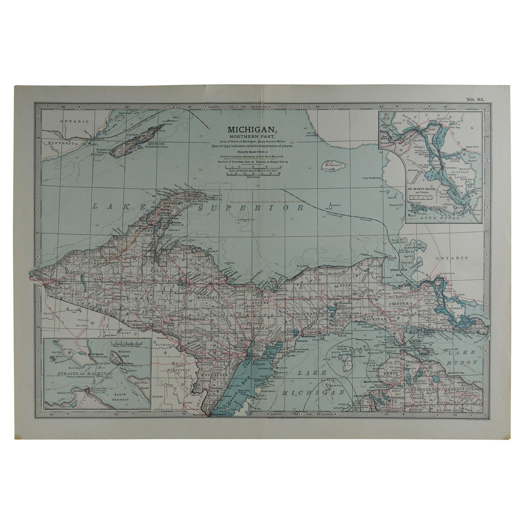 Original Antique Map of Michigan, circa 1890