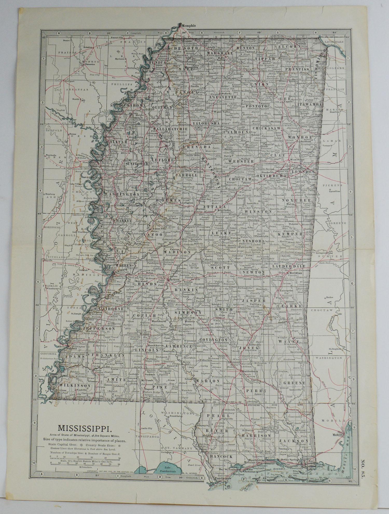 Great map of Mississippi

Original color.

Published, circa 1890

A few minor edge tears

Unframed.
 