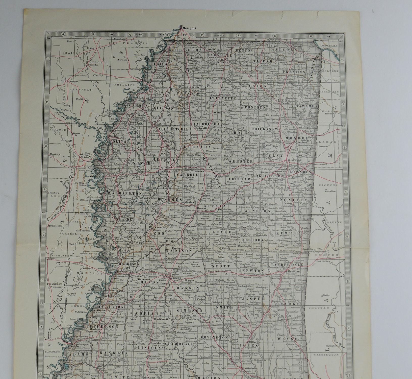 English Original Antique Map of Mississippi, circa 1890