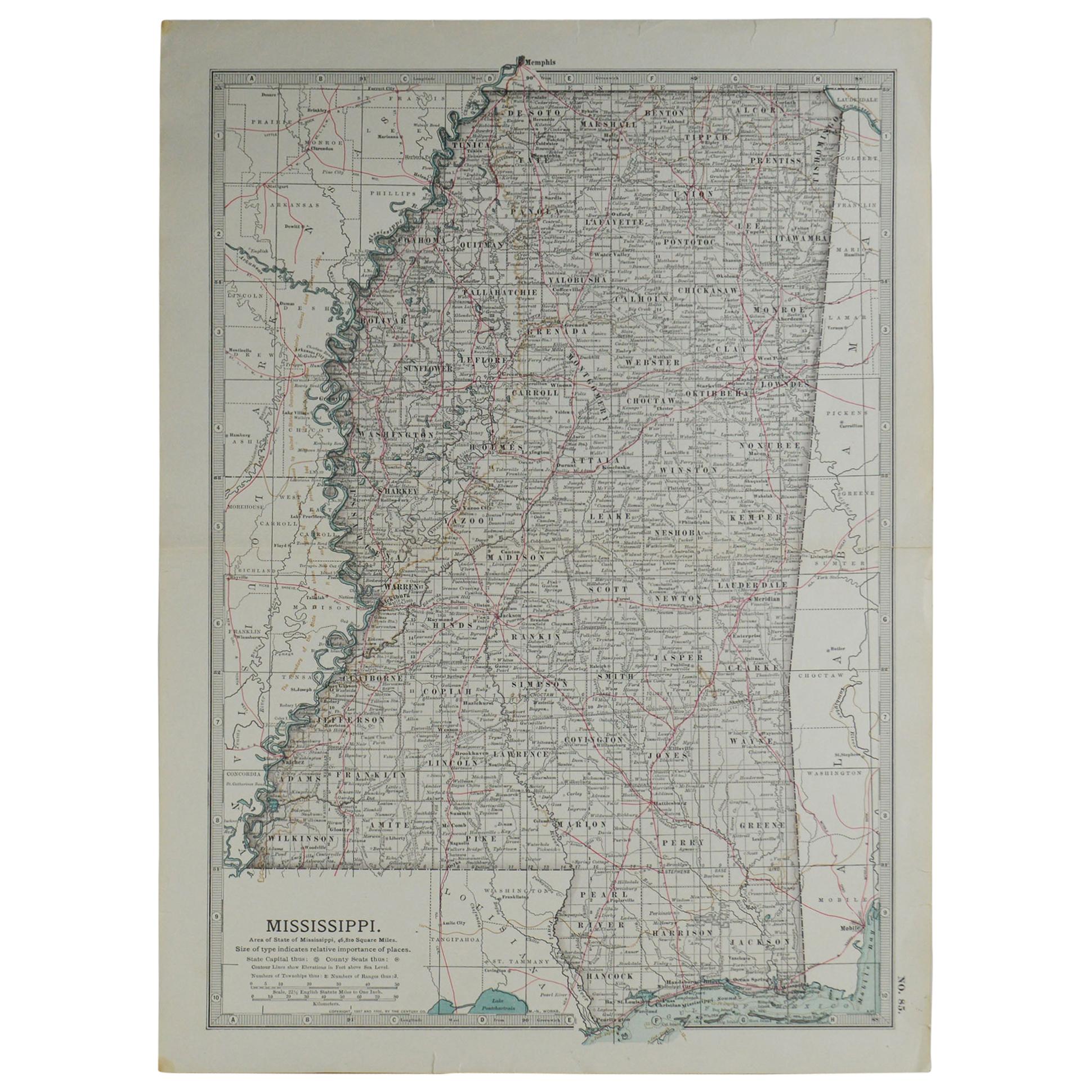 Original Antique Map of Mississippi, circa 1890