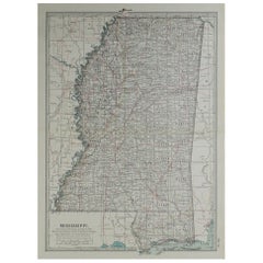 Original Antique Map of Mississippi, circa 1890