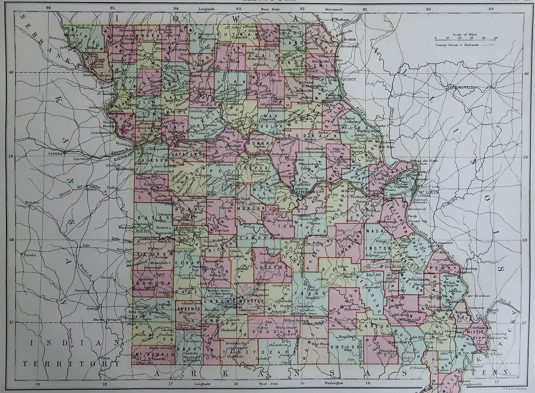 Excellente carte du Missouri

Dessiné et gravé par W. & K.K. Johnston

Publié par A.I.C. C., Edinburgh.

Couleur originale

Non encadré.










