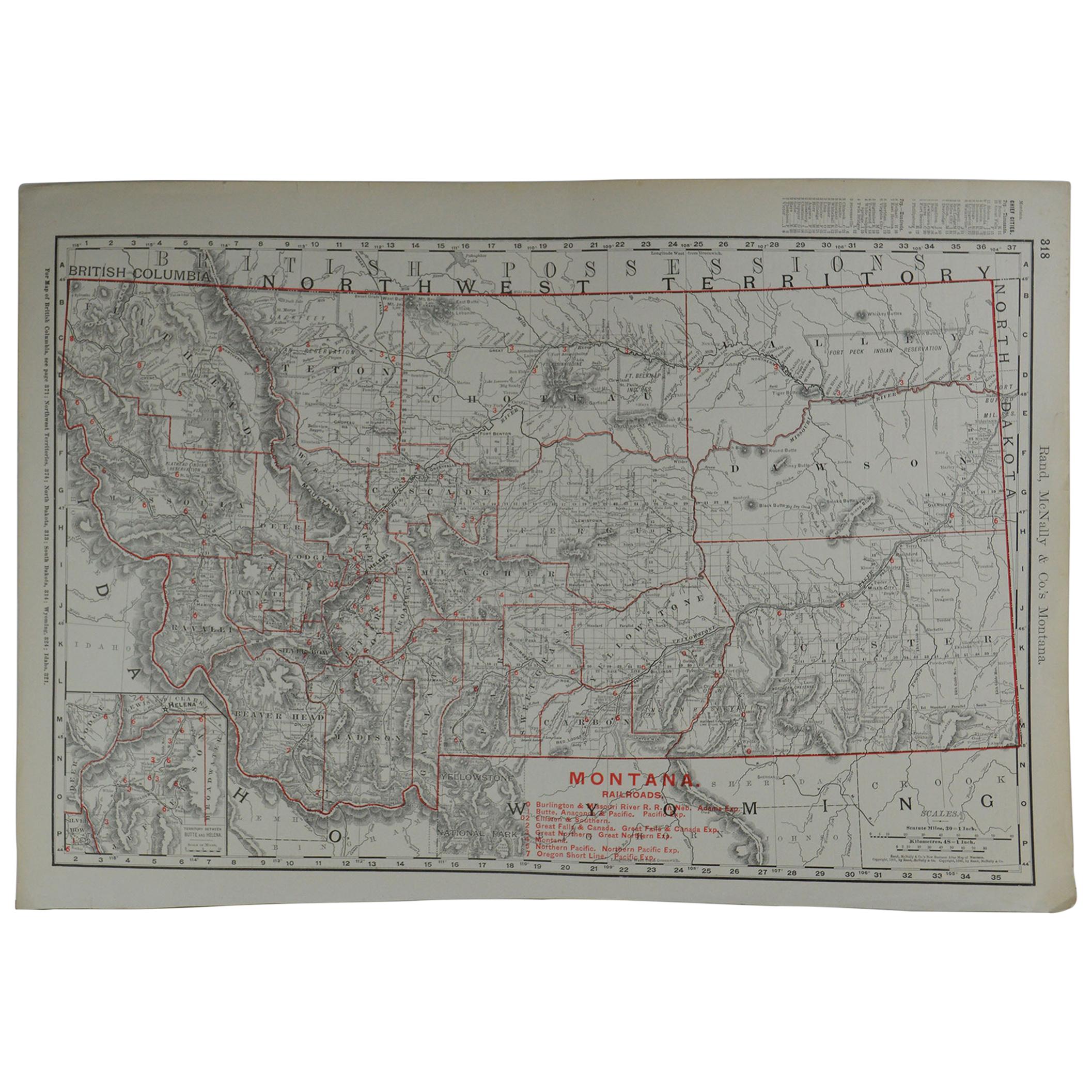Original Antique Map of Montana by Rand McNally, circa 1900