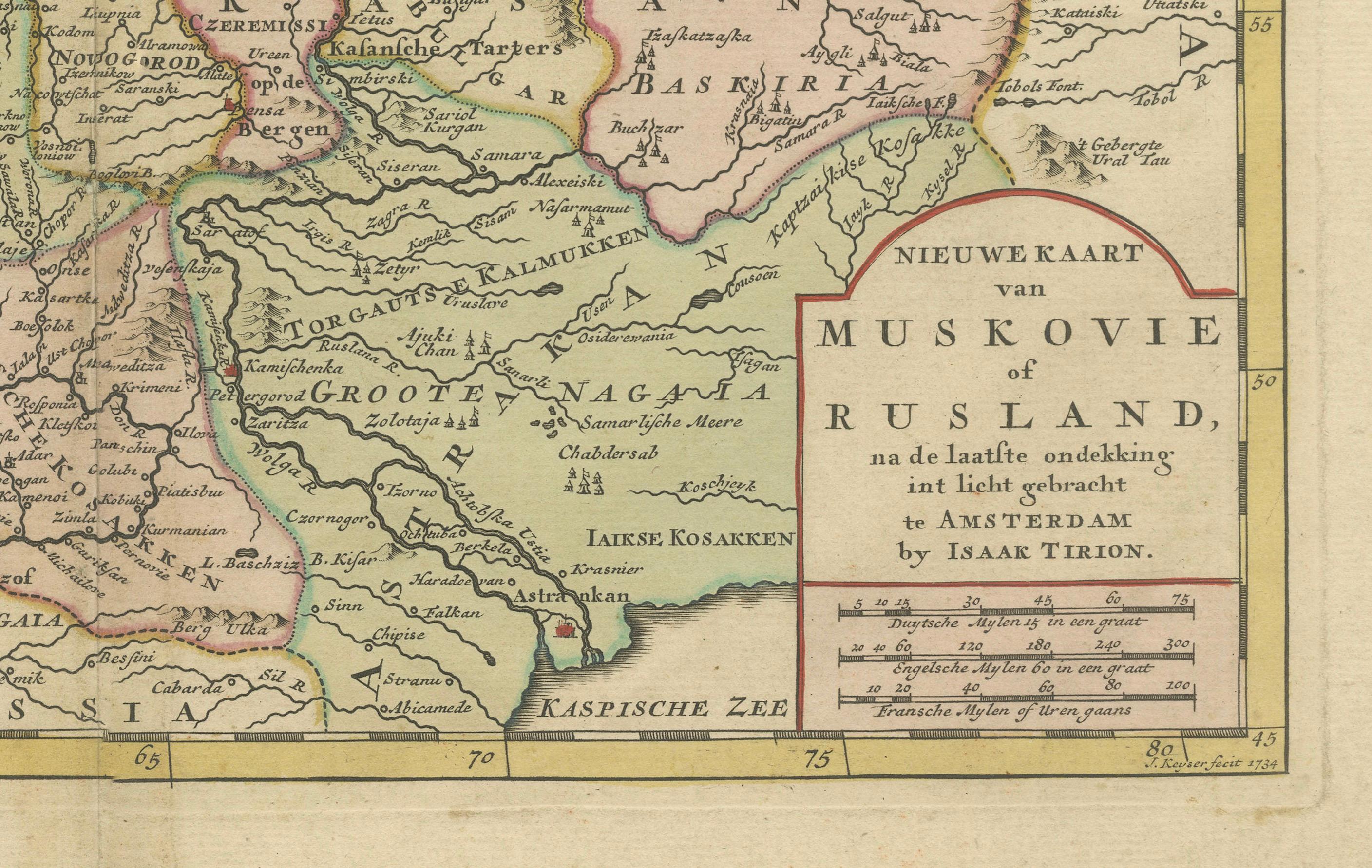 Original Antique Map of Muscovy or Russia by Isaak Tirion, Amsterdam circa 1740 In Good Condition For Sale In Langweer, NL