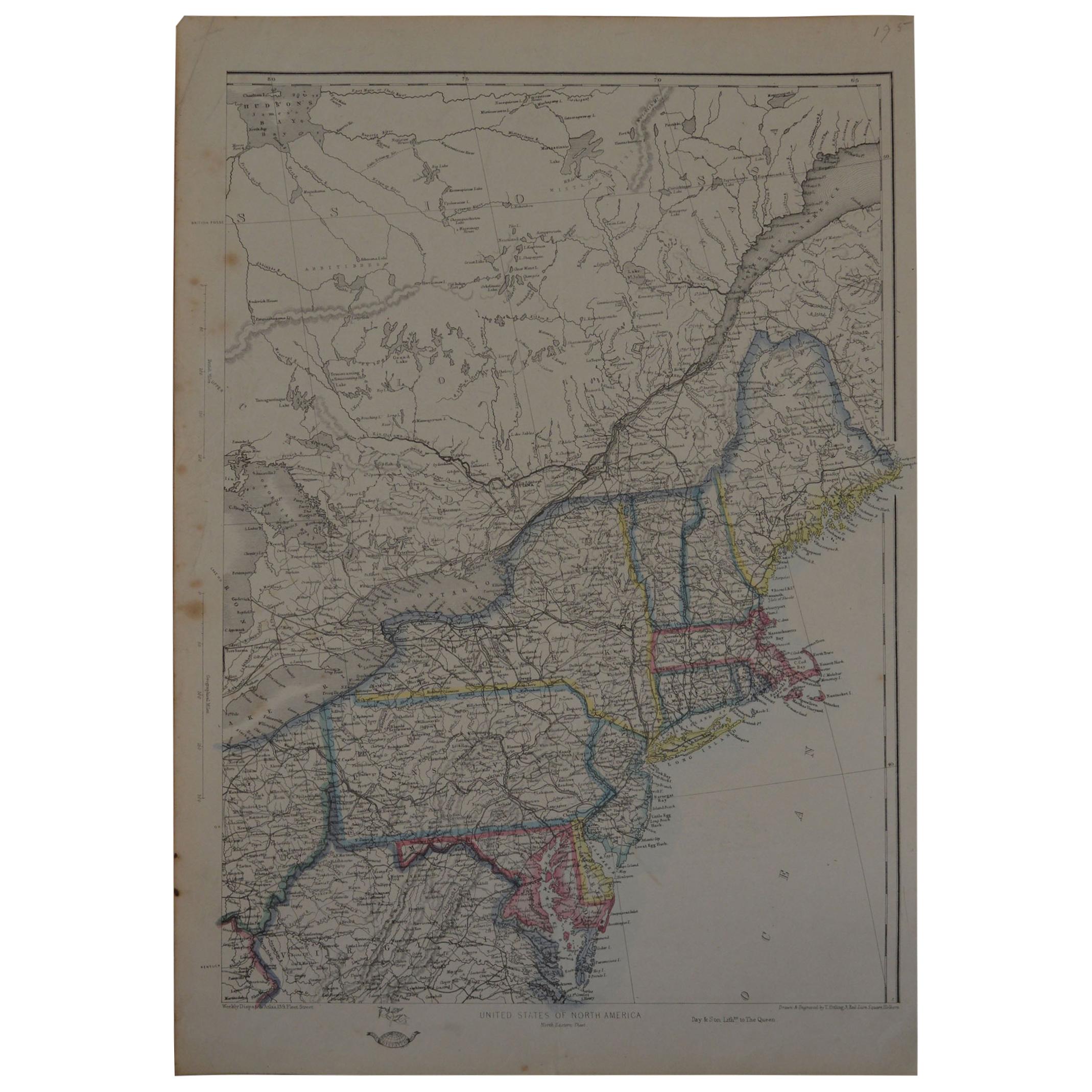 Original Antique Map of New York and Adjacent States by T.Ettling, 1861