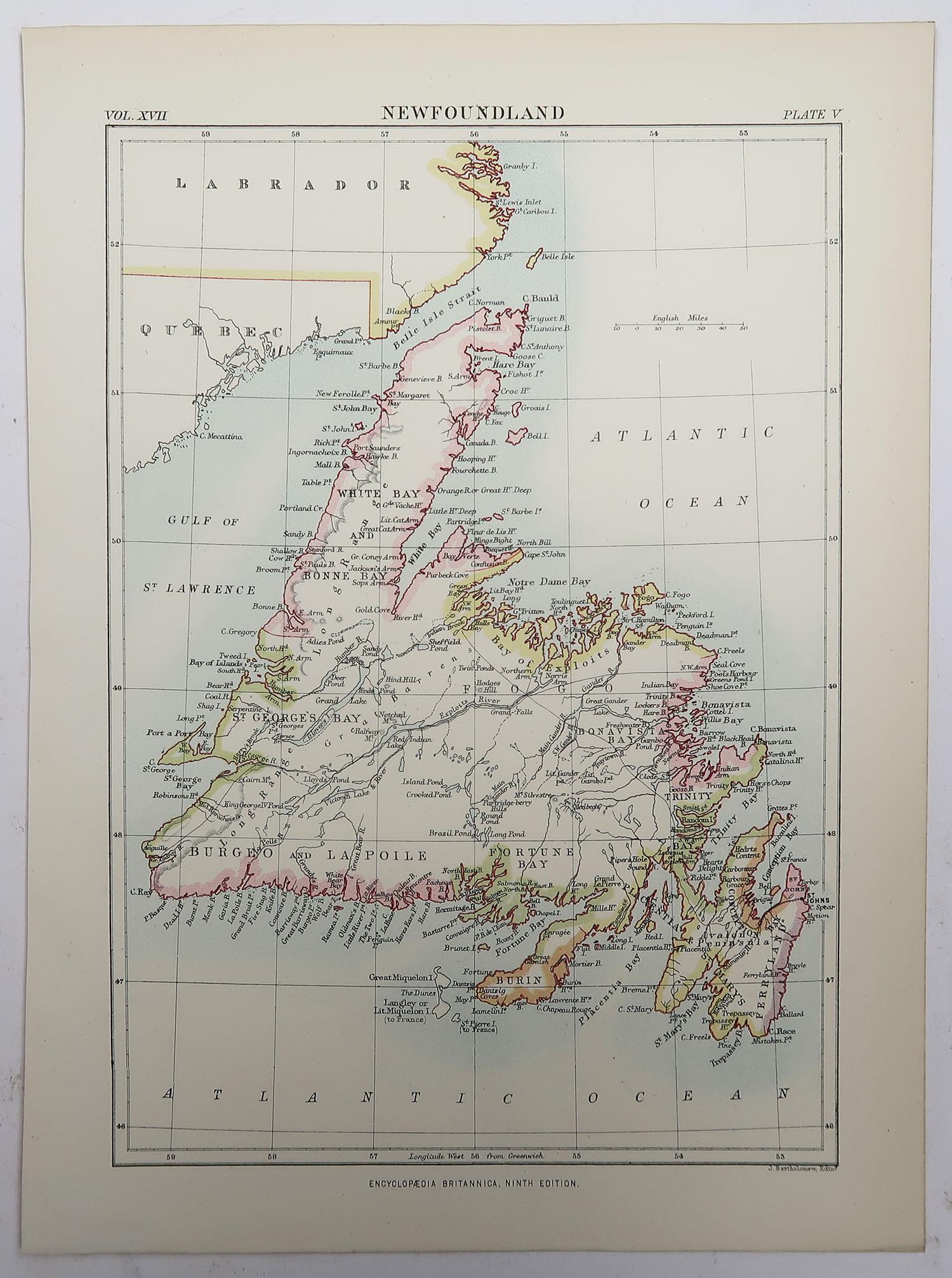 Victorian Original Antique Map of Newfoundland, 1889