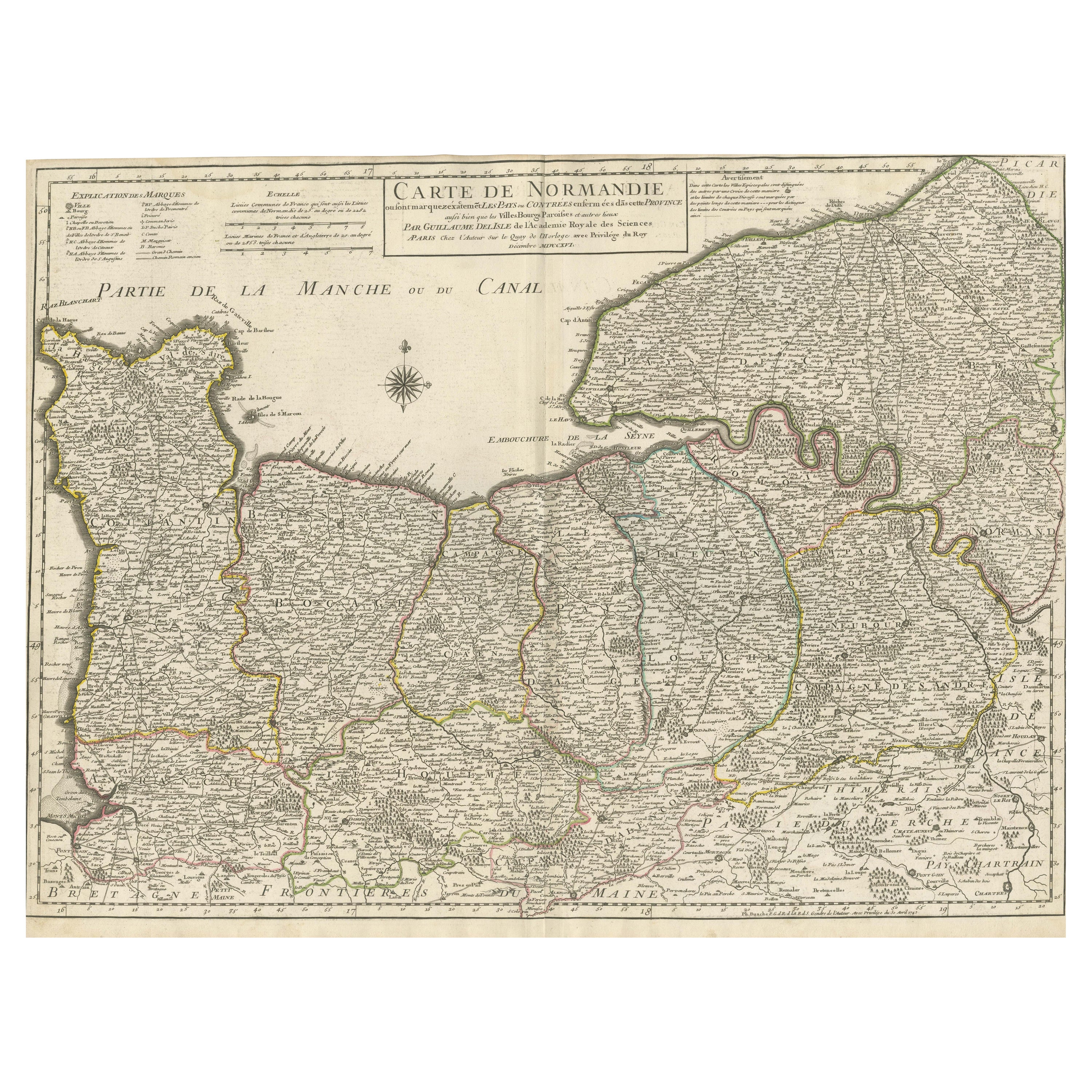 Carte ancienne originale de la Normandie, France