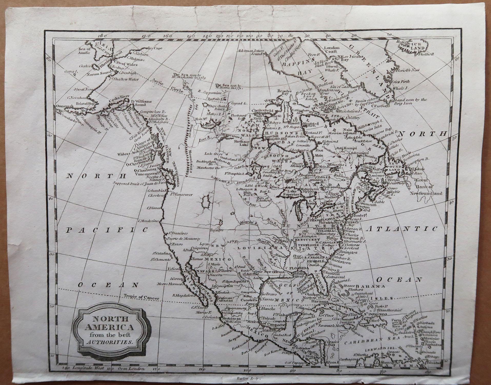 English Original Antique Map of North America, Engraved By Barlow, 1806