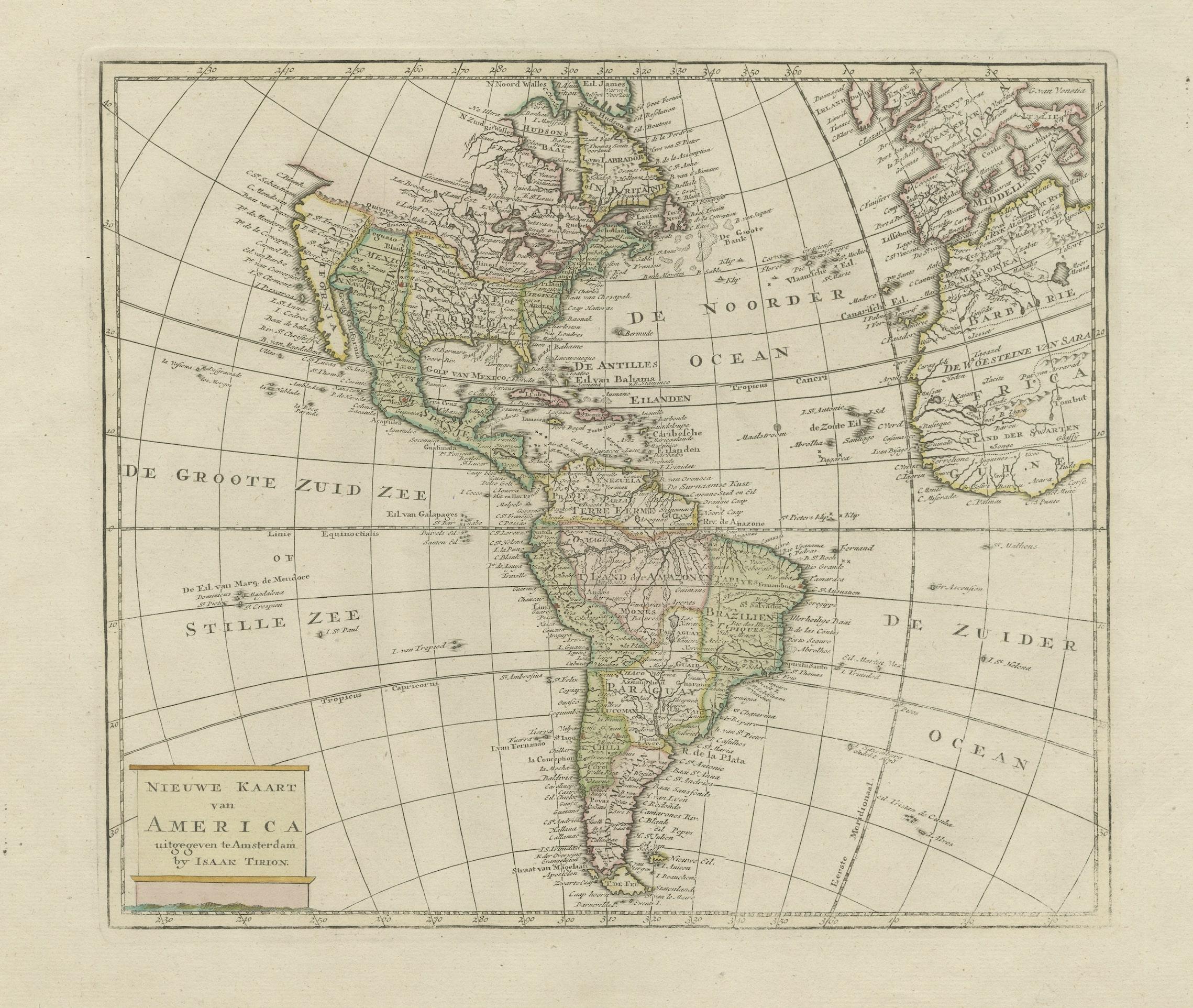 Antike Karte mit dem Titel 'Nieuwe Kaart van America'. Schöne Karte von Amerika. Die sagenumwobene Quivira ist die Bezeichnung für eine große Gebirgskette nördlich von Mexiko. Herausgegeben von I. Tirion, um 1750. 