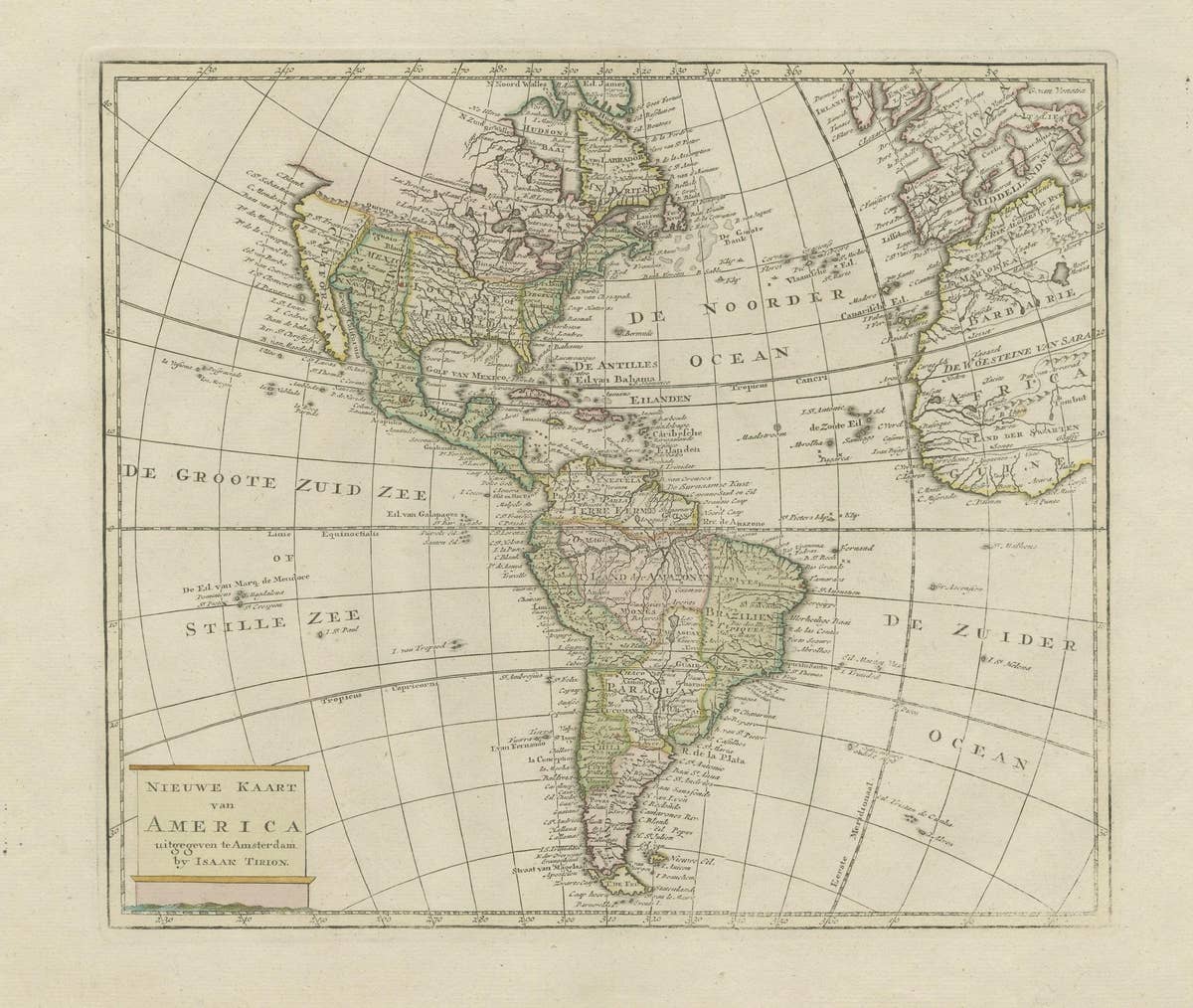 Original Antique Map of North and South America in Attractive Old Coloring