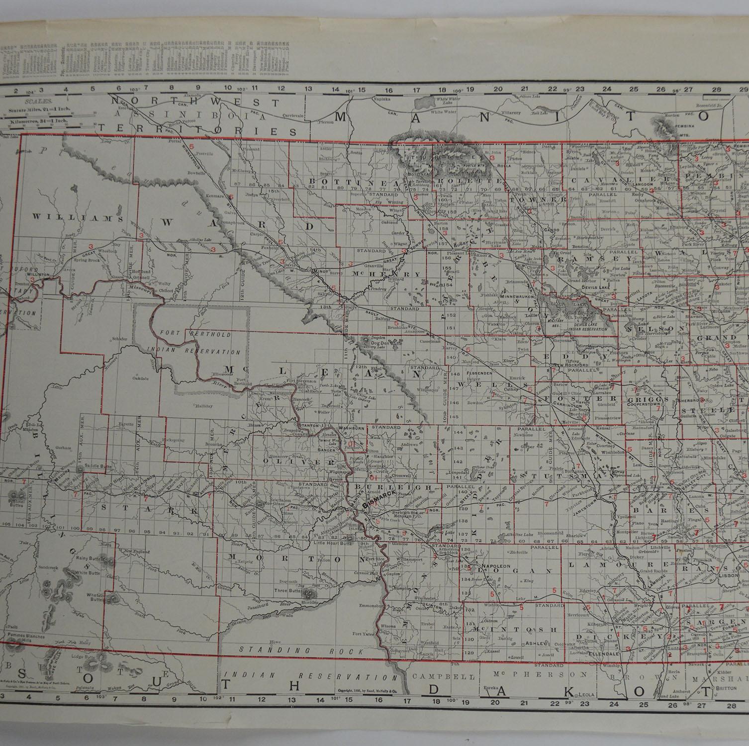 Edwardian Original Antique Map of North Dakota by Rand McNally, circa 1900