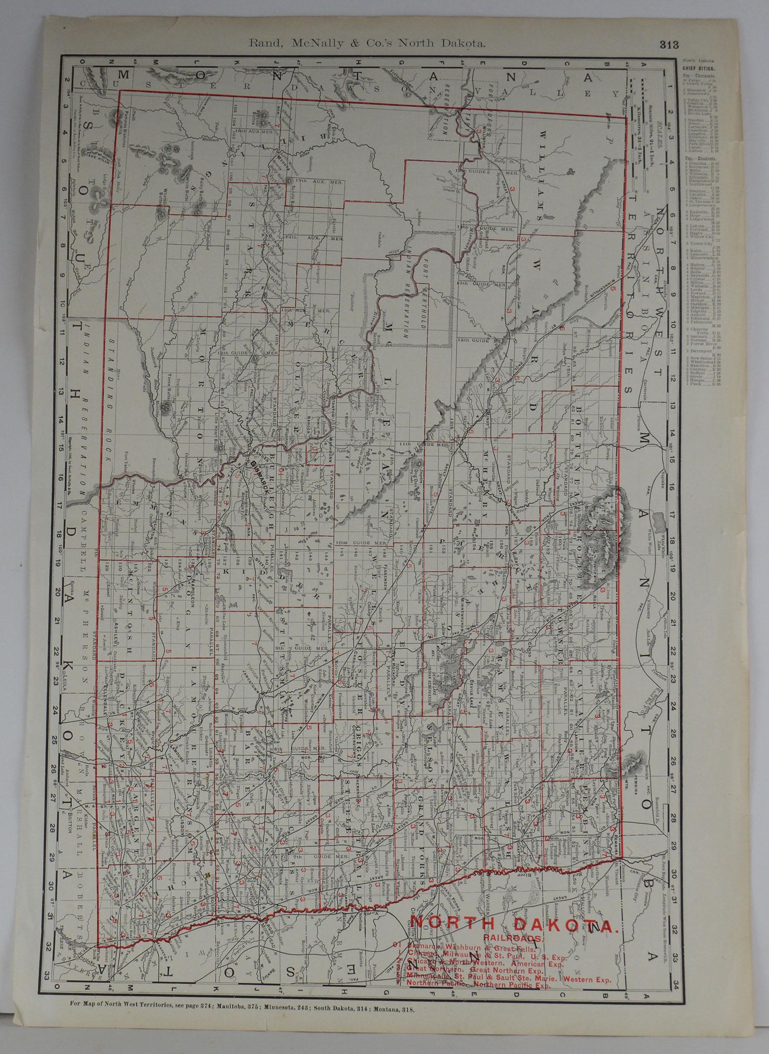 American Original Antique Map of North Dakota by Rand McNally, circa 1900