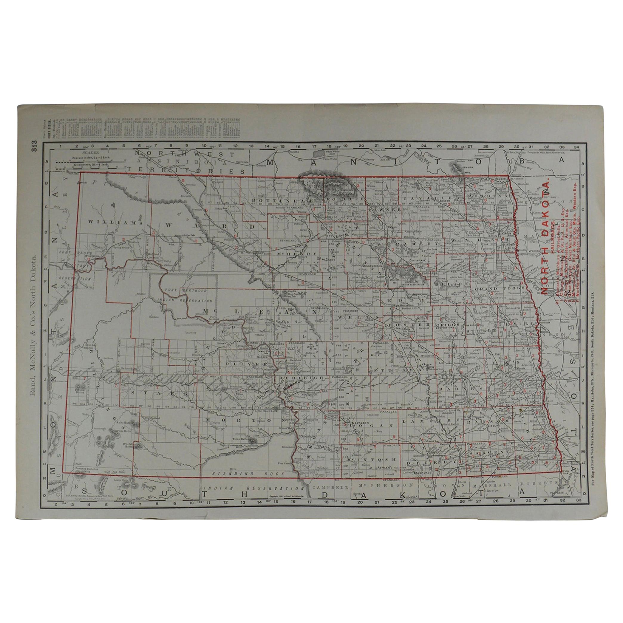Original Antique Map of North Dakota by Rand McNally, circa 1900